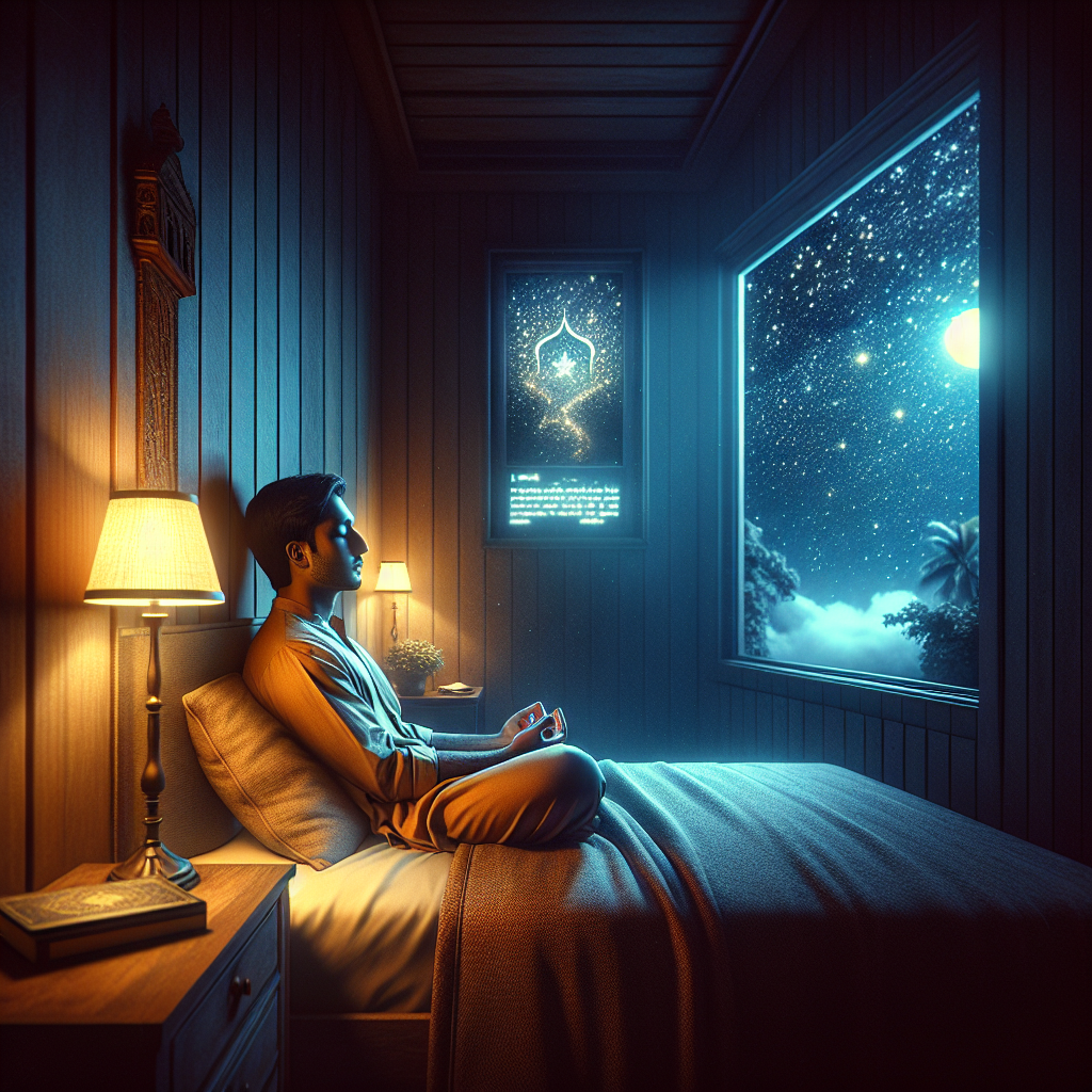 Imagine an image that captures the essence of tranquility and mental well-being at night. The scene is set in a dimly lit room, with soft, warm light coming from a bedside lamp. In the center, a person is seen sitting comfortably on their bed, hands gently folded, and eyes closed in a serene expression of prayer. Around them, the ambiance is calm and peaceful, with elements like a small, open window revealing a clear, starry night sky, suggesting a connection with the divine. Subtle hints of a well-loved prayer book or a digital device displaying calming prayers are placed nearby, indicating modern or traditional methods of nighttime prayer. This image symbolizes the profound impact of night prayers on psychological well-being, illustrating a moment of spiritual reflection and tranquility that promotes a deep, restorative sleep.