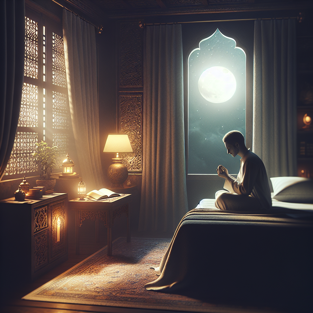Imagine an image that captures the serene essence of night-time prayer and its profound impact on sleep quality. This image depicts a dimly lit bedroom with soft, ambient lighting, creating a peaceful and tranquil atmosphere. In the foreground, an individual is seen sitting on the bed, with their hands gently clasped together and eyes closed in a moment of quiet reflection and prayer. The room is adorned with subtle hints of spirituality, such as a small, open book of prayers on the nightstand and a delicate candle casting a warm, comforting glow. Through the window, the moon illuminates the scene with a soft, soothing light, enhancing the sense of calm and readiness for rest. The overall image conveys a sense of peace, purity, and spiritual connection, illustrating the deep, tranquilizing effect of night-time prayer on enhancing the quality of sleep and fostering a restorative, peaceful night.