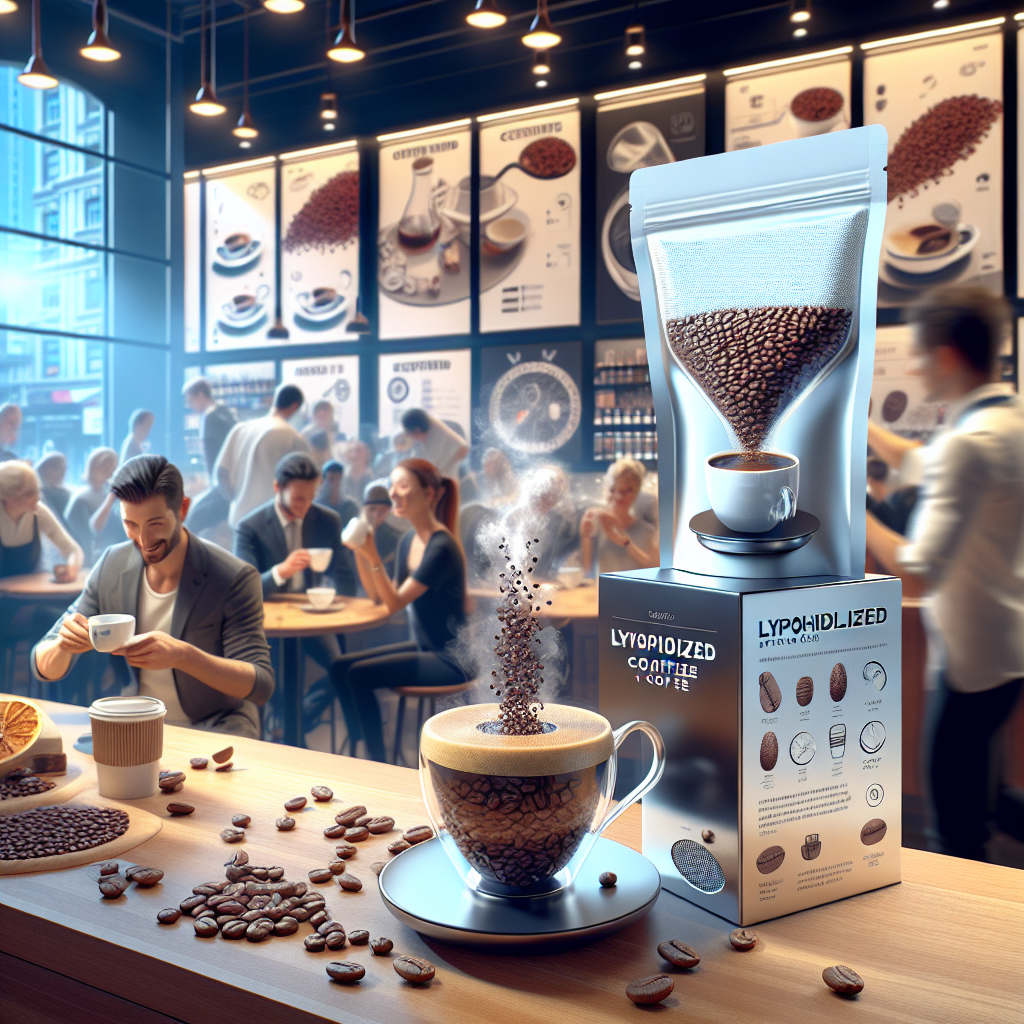 Visualize a bustling, modern café scene where patrons are engaged with the newest trend in coffee consumption: lyophilized (freeze-dried) coffee. The forefront of the image features an innovatively designed, sleek, transparent package of lyophilized coffee, with beans visually suspended in a moment of perfection. Behind, a barista demonstrates the simple yet fascinating process of rehydrating these coffee crystals, turning them into a steaming, aromatic cup of coffee. The background buzzes with customers enjoying this novel coffee experience, showcasing their cups with visible excitement and curiosity. The ambience is a blend of tradition and innovation, with hints of coffee-related gadgets and infographics explaining the benefits and convenience of lyophilized coffee. This scene captures the essence of current trends and novelties in the world of freeze-dried coffee, emphasizing its simplicity, taste, and the futuristic approach to enjoying a timeless beverage.