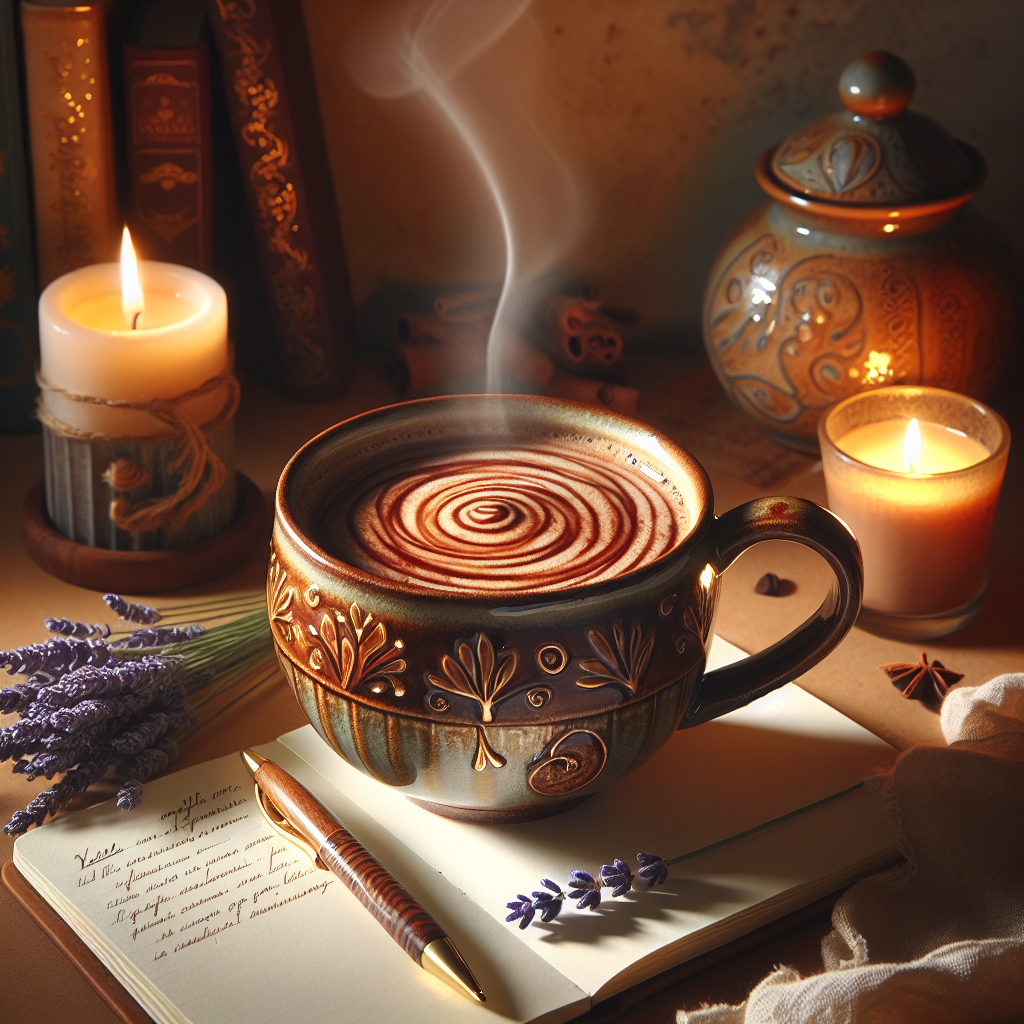 Visualize a warm, inviting image that captures the essence of comfort and mental wellness. In the center, a beautifully crafted ceramic mug, steam gently rising, filled with rich, dark coffee infused with a swirl of golden cinnamon. Surrounding the mug, elements that represent mental health benefits, such as soothing lavender sprigs, a softly glowing candle, and a small, open journal with a pen lying beside it, suggesting reflection and mindfulness. The background is a serene setting, perhaps a cozy nook with soft lighting and books, evoking a sense of peace and a moment for oneself. This image encapsulates the therapeutic impact of enjoying a cup of café com canela, highlighting its role in enhancing mental clarity, reducing stress, and promoting a sense of well-being.