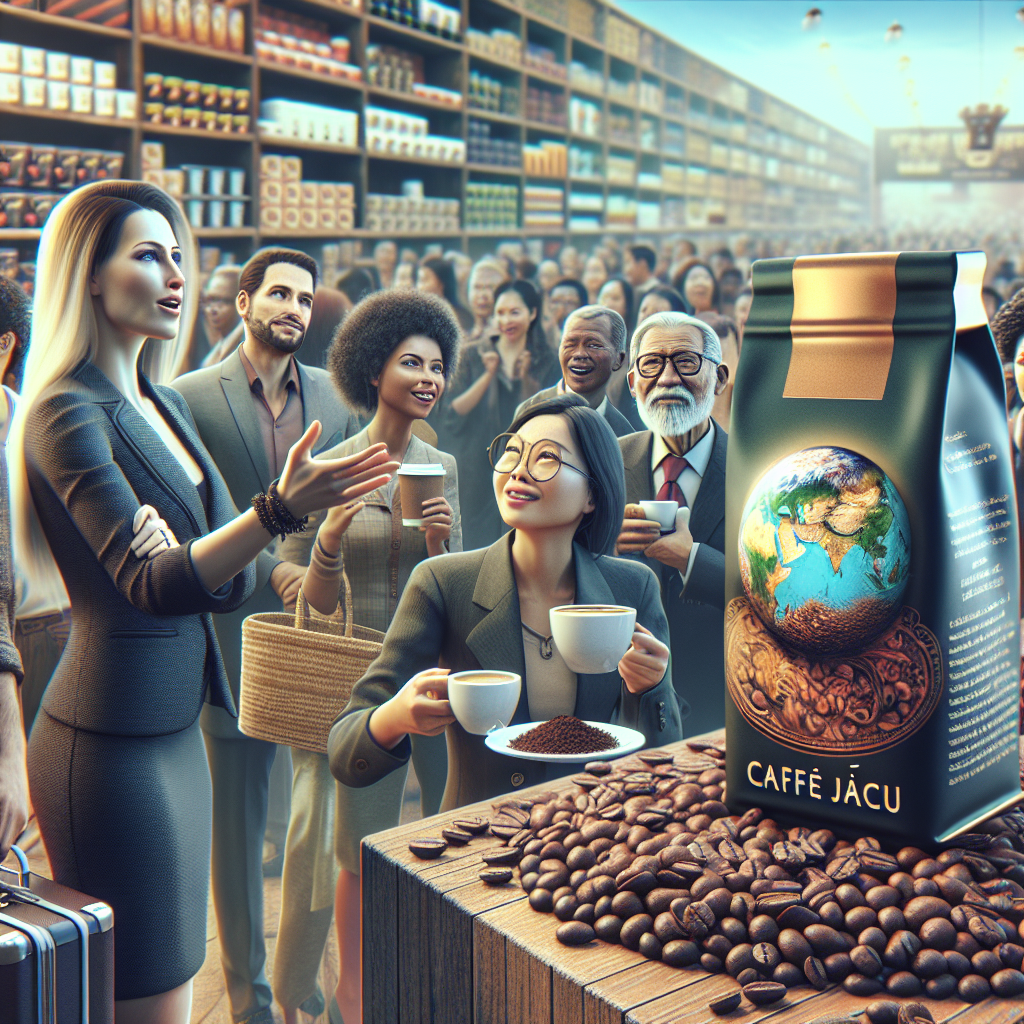 Visualize an elegant, high-end coffee shop scene in a bustling international market, where a small, exclusive shelf is dedicated to Café Jacu. The image captures the attention of discerning customers from around the globe, intrigued and drawn in by the rarity and unique story of Café Jacu. Amidst the regular coffee beans and packages, the Jacu coffee stands out with its distinctive packaging, highlighting its exotic origin and limited availability. The background shows a diverse crowd, symbolizing the global demand and curiosity for this rare coffee, while a knowledgeable barista passionately shares the unique journey and exquisite taste of Café Jacu with an eager customer, hinting at the premium experience and price point that comes with this exceptional product.