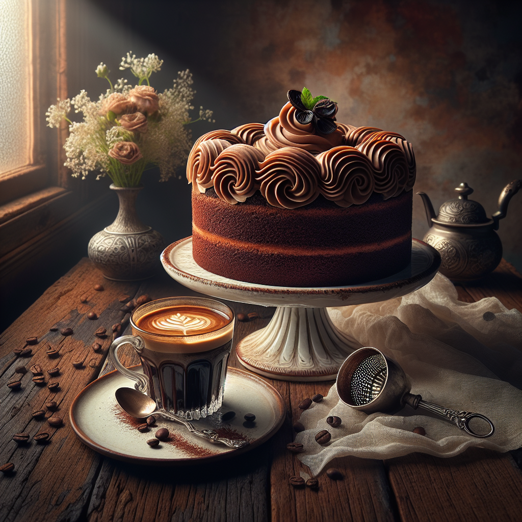 Imagine an elegant and rustic wooden table as the backdrop, bathed in the soft, warm glow of morning light filtering through a nearby window. At the center of this scene lies a majestic bolo de café e chocolate, its rich, dark texture contrasting beautifully with the creamy, swirling patterns of a coffee-infused frosting that adorns its top. The cake is carefully placed on a vintage ceramic plate, adding an extra layer of charm to its presentation. Next to the cake, a delicate, clear glass cup of steaming hot coffee with a visible layer of crema on top, its aroma seemingly wafting off the image. A few scattered coffee beans around the plate and a silver cake server with an intricate handle rest nearby, ready to serve up this irresistible delight. Finishing the composition, a small bouquet of fresh, wildflowers in a slender vase adds a touch of color, symbolizing the care and love that went into preparing this delectable treat. This scene not only invites the viewer to indulge in this culinary masterpiece but also captures the essence of a perfect, cozy morning.