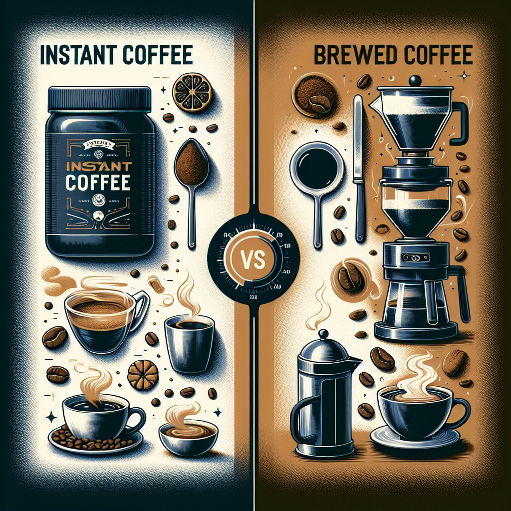 Create an image that visually compares the qualities of instant coffee versus traditional brewed coffee. On one side, illustrate a sleek, modern kitchen setting with a jar of instant coffee, a spoon, and a steaming cup, symbolizing the convenience and speed of preparing instant coffee. On the other side, depict a more traditional coffee brewing scene with a coffee grinder, beans, a drip coffee maker or a French press, and a richly aromatic cup of coffee, showcasing the artisanal process and depth of flavor associated with brewed coffee. Include visual elements that emphasize the contrast in preparation time, taste profile, and the sensory experiences associated with each coffee type.