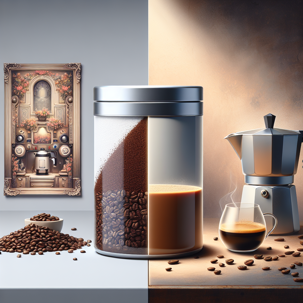 Create an image that visually contrasts freeze-dried coffee and traditional brewed coffee. On one side, showcase a sleek, modern container of freeze-dried coffee granules, emphasizing its convenience and technology-driven process. On the other side, illustrate a traditional coffee pot or espresso machine with freshly ground coffee beans, capturing the artisanal and authentic essence of traditional coffee brewing. The background should subtly blend from a high-tech, clean design on the freeze-dried side to a warm, rustic kitchen setting on the traditional side, symbolizing the spectrum from convenience to tradition in coffee culture.