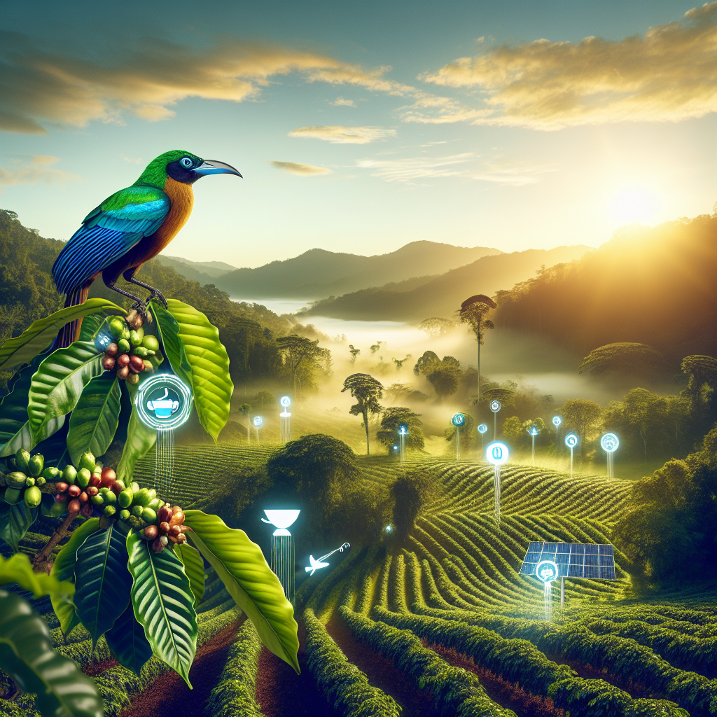 Visualize a harmonious blend of lush, green coffee plantations nestled under a bright, morning sky. In the forefront, a Jacu bird is elegantly perched on a coffee branch, symbolizing the unique partnership between nature and sustainable coffee cultivation. Surrounding the bird, innovative technologies such as drip irrigation systems and solar panels are seamlessly integrated into the landscape, highlighting the innovative approaches to sustainable farming. This image encapsulates the essence of the future of Jacu coffee: a commitment to environmental sustainability, innovation in cultivation practices, and a symbiotic relationship between wildlife and agriculture.