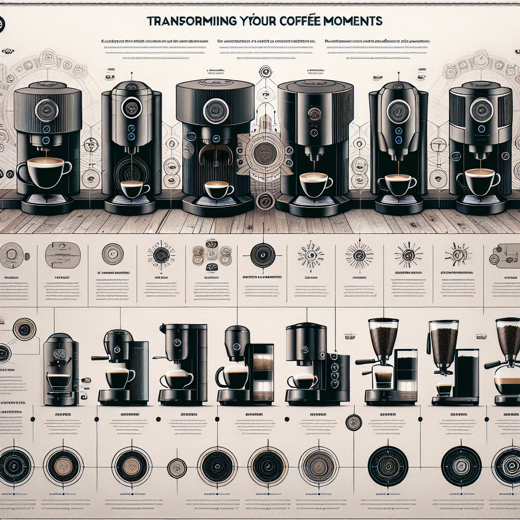 Visualize a sleek and engaging infographic that showcases the main lines of 3 Corações coffee machines, each represented by their distinct models aligned in a harmonious layout. Each machine is accurately depicted with its unique design characteristics, making it easy to distinguish between them at a glance. Accompanying each model is a brief but informative description highlighting its key features, such as capsule compatibility, brewing technology, and any special functionalities that set it apart from the others. The background is thematic, with subtle coffee-related motifs that enrich the visual experience without overwhelming the information presented. This image not only serves as a comprehensive guide for potential buyers to compare and contrast the different machines but also encapsulates the essence of transforming coffee moments with a 3 Corações machine.