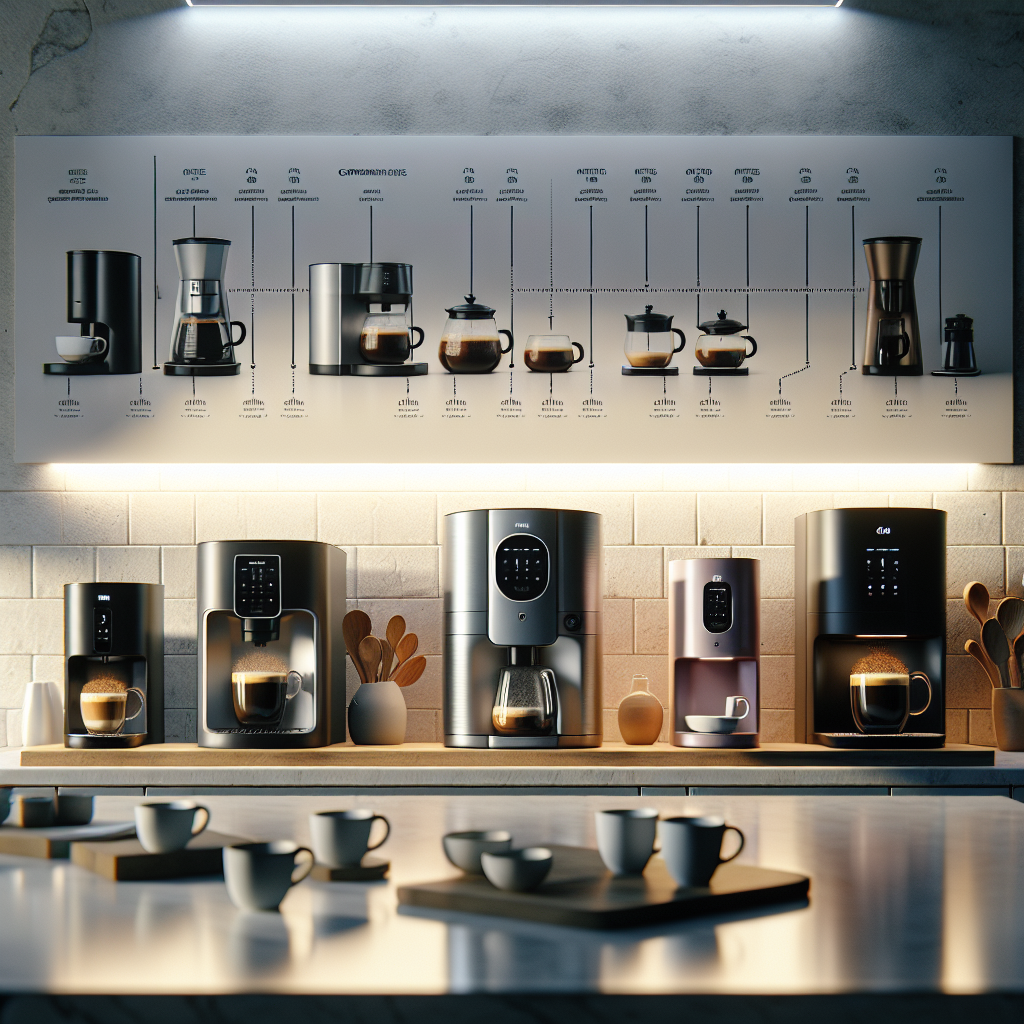 Imagine an image that showcases a sleek and modern kitchen countertop under soft, ambient lighting. On the countertop, three distinct Máquina de Café 3 Corações models are displayed side by side, each with its unique design and color, highlighting the diversity in the product range. The first model is compact and perfect for small spaces, the second shows advanced features for the coffee enthusiast, and the third combines style with functionality, appealing to the modern homeowner. Behind the machines, a series of coffee cups of various sizes align, suggesting the versatility of the coffee that each machine can produce. Above the scene, a comparative chart floats, subtly comparing the key features such as brewing time, cup size compatibility, and special features. The image is designed to help viewers easily understand the differences between the models and visualize which one best fits their coffee needs and kitchen space.