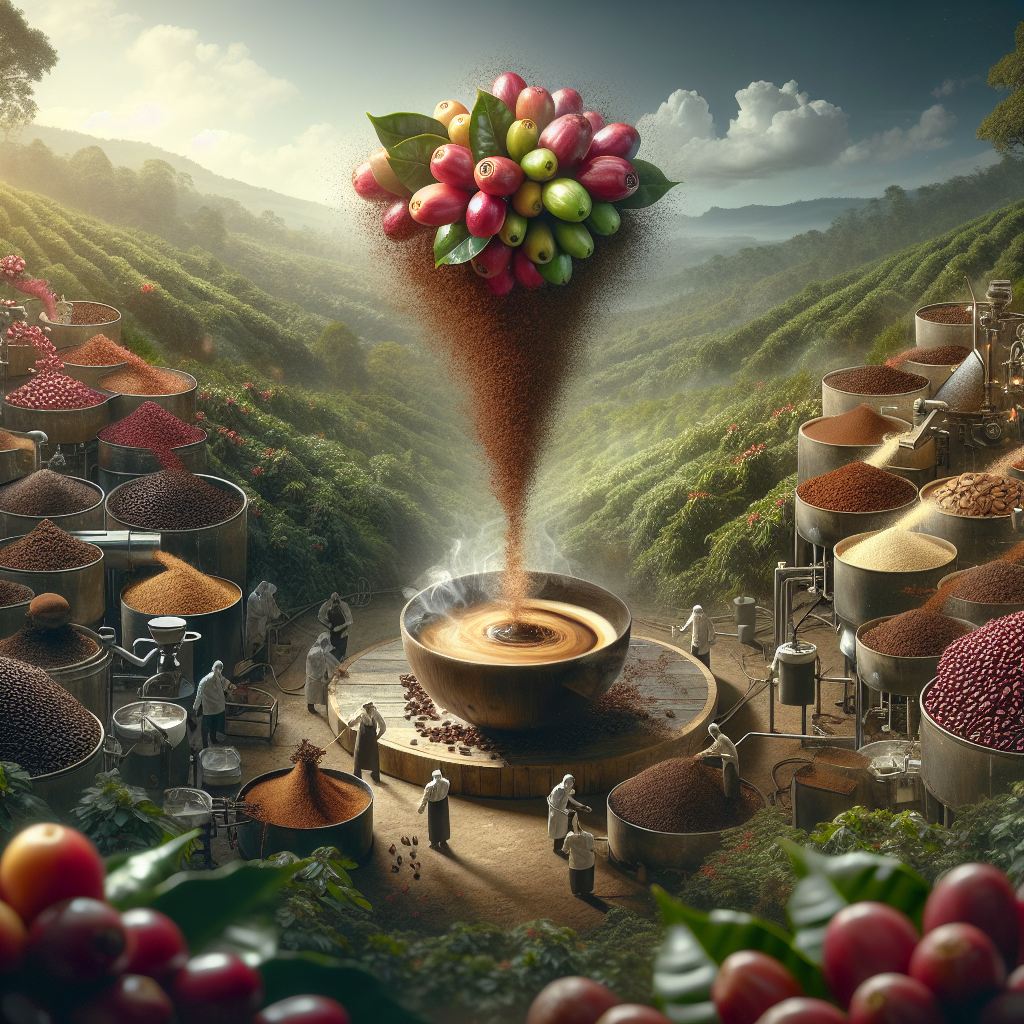 Create an image that showcases the intricate process of making instant coffee, from the beginning to the end. This scene should include ripe coffee cherries being harvested in a lush, green coffee plantation under a clear sky. Transitioning smoothly, depict the beans being extracted, dried, and then roasted to a rich, dark color, emphasizing the transformation in texture and color. Following this, illustrate the beans being finely ground and then dissolved in water to extract the concentrated coffee essence. Finally, demonstrate the essence being freeze-dried or spray-dried into fine crystals or powder, capturing the delicate, flaky texture of the final instant coffee product. Surround this entire process with a warm, inviting ambiance that highlights the magic and revolution in every coffee lover's cup, bringing the journey of instant coffee to life.