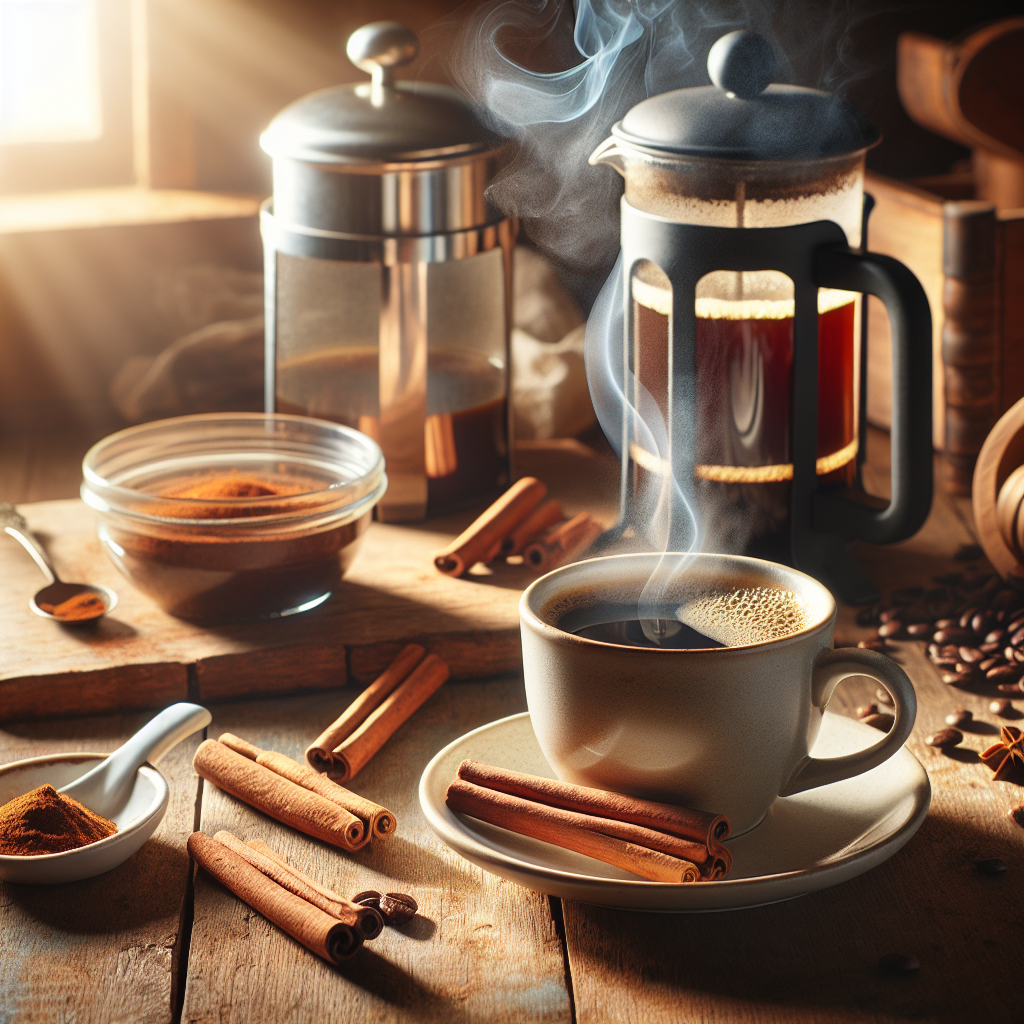 Create an image of a cozy, warmly lit kitchen scene at dawn, where a steaming cup of coffee infused with cinnamon sticks sits invitingly on a rustic wooden table. Next to the cup, scatter a few whole cinnamon sticks and a small, open jar of ground cinnamon, hinting at the flavor fusion. In the background, a French press and a small bowl filled with fresh coffee beans suggest the brewing process, while a soft, golden morning light floods the scene, highlighting the steam rising from the cup and casting a warm glow on everything, creating a comforting and aromatic atmosphere that visually represents the perfect preparation of café com canela.