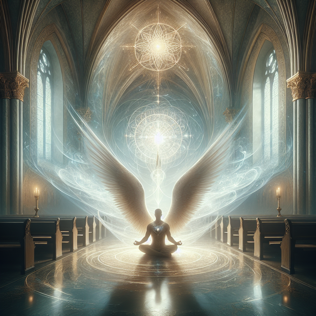 Create an image that embodies the serene and transformative power of the Prayer of Saint Michael the Archangel in bringing inner peace. The image should depict a tranquil and sacred space, perhaps a serene chapel or a natural setting bathed in soft, divine light. In the center, a figure representing an individual in meditation or prayer, surrounded by a subtle, protective glow that symbolizes the shielding and comforting presence of Saint Michael. Above, a gentle, yet majestic depiction of Saint Michael the Archangel himself, wings spread wide and sword sheathed, symbolizing peace and protection. The atmosphere of the image should convey a profound sense of calm, security, and spiritual well-being, reflecting the prayer's capacity to instill peace within one's soul amidst the chaos of daily life.