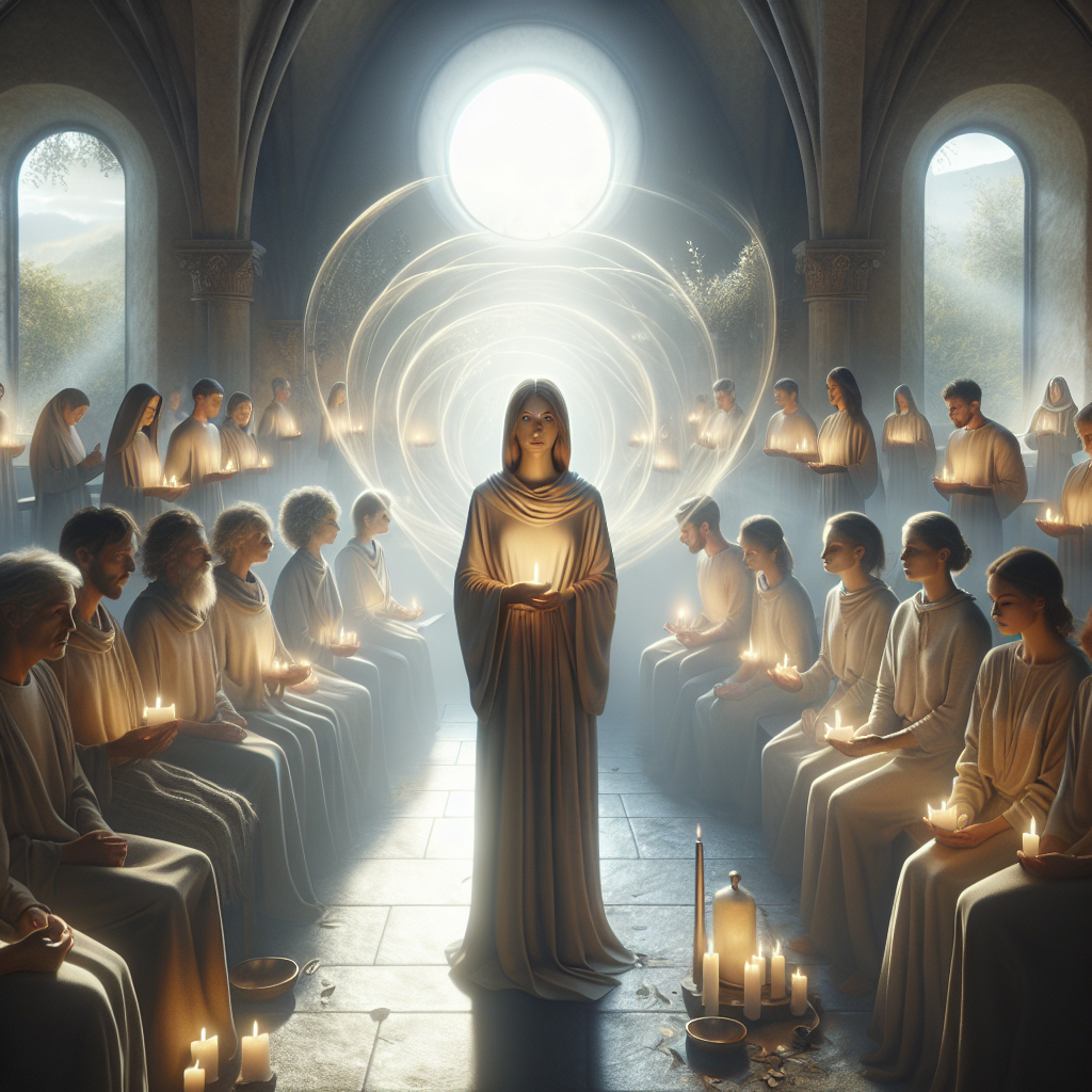 Create an image that captures a serene, spiritually uplifting moment where individuals from diverse backgrounds gather in a softly lit, tranquil space, perhaps a chapel or a natural setting suffused with the gentle morning light. At the center, a figure representing Santa Luzia stands, embodying compassion and strength, her gaze kind yet powerful. Surrounding her, individuals are depicted in various states of contemplation, prayer, and quiet joy, each with a subtle aura of light indicating their faith and the miracles they've experienced through their devotion. The scene should convey a profound sense of hope, community, and the transformative power of faith, with elements such as candles, flowers, or symbolic representations of sight and healing subtly integrated to honor Santa Luzia's patronage.