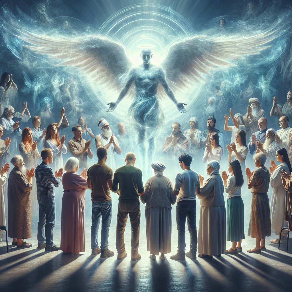 Visualize an image that captures the essence of heartfelt testimonials surrounding the power of São Miguel Arcanjo's prayer. The scene is set in a serene space, filled with soft, diffused light. In the center, a diverse group of individuals from various walks of life stands in a semi-circle, each with their hands clasped or in a gesture of prayer. Their faces are uplifted, reflecting a spectrum of emotions - from solace and peace to gratitude and awe. Above them, a translucent, majestic figure of São Miguel Arcanjo hovers, his wings spread wide and his sword held aloft, emitting a gentle, protective glow that envelops the group. The background subtly transitions into a celestial realm, suggesting the connection between the earthly and the divine, symbolizing the transformative power of the prayer in bringing peace and protection into their lives.