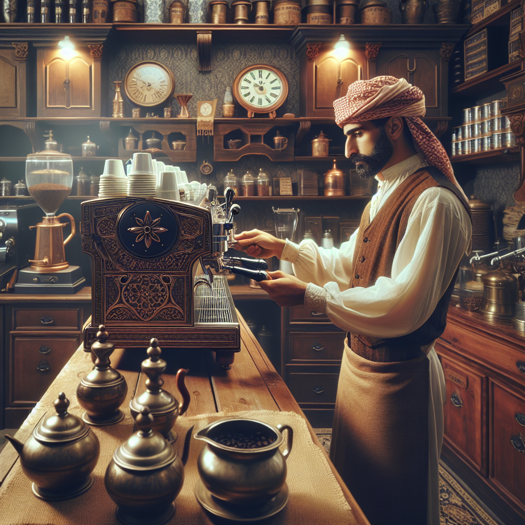 For an image that reflects the "Definição e Origem de o que é Barista" section, envision a cozy, historical Italian coffee shop from the late 19th to early 20th century. In the foreground, a barista, dressed in period attire, is expertly operating a vintage espresso machine, showcasing the art and precision of their craft. The background should feature shelves lined with various coffee beans and traditional coffee equipment, capturing the essence of where the barista profession originated. The ambiance is warm and inviting, with soft lighting highlighting the rich, dark tones of the coffee and the wooden decor. This image should transport viewers back to the time and place where the barista profession began, emphasizing the deep-rooted tradition and expertise that define it.