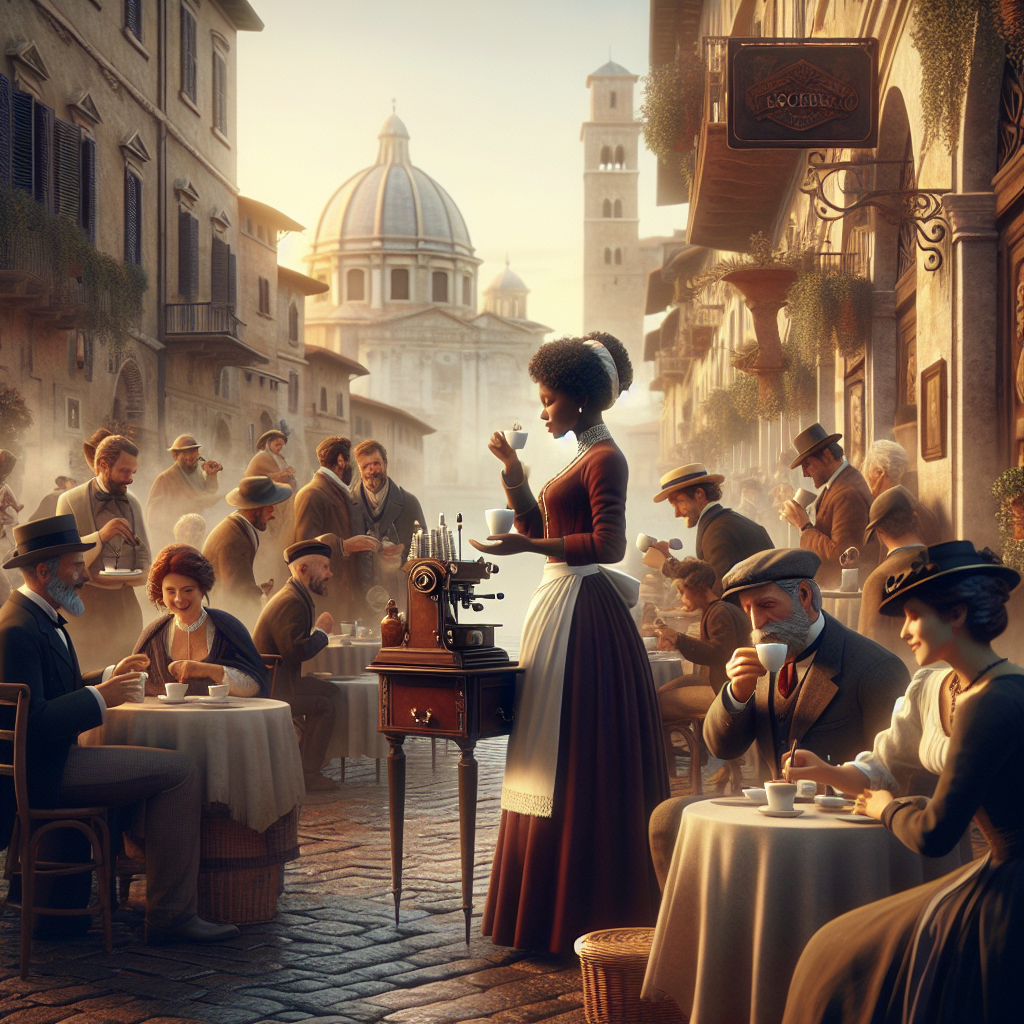 Capture an image that teleports viewers to the heart of Italy, where the story of Macchiato began. The setting is a quaint, sunlit Italian street in the late 1800s, with cobblestone paths and historic architecture. In the foreground, a traditional Italian café terrace is bustling with life. Patrons are engaged in animated conversations, savoring their coffee. Among them, a skilled barista, dressed in period attire, is seen crafting a Macchiato with precision and passion. The expression on his face reflects a deep connection to the art of coffee making. In the background, elements that highlight the rich Italian culture, such as a glimpse of the Colosseum or the Leaning Tower of Pisa, subtly integrate into the scene. The warm, inviting atmosphere is accentuated by the soft glow of the morning light, hinting at the dawn of the Macchiato's journey into the world. This image should evoke a sense of time travel and immerse the viewer in the origins of the Macchiato, celebrating its Italian heritage and the timeless tradition of coffee culture.