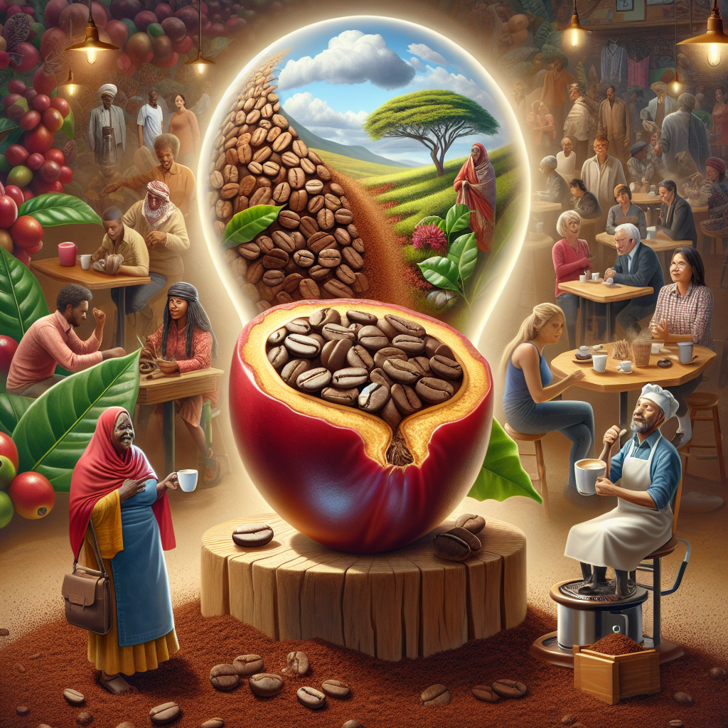 Visualize an image that merges the vibrant energy of coffee culture with the natural essence of fruit. In the foreground, a ripe, freshly split coffee berry revealing its beans, akin to revealing a hidden truth. Surrounding this central image, a diverse tapestry of people from various cultures partaking in coffee rituals - from traditional Ethiopian coffee ceremonies to bustling Italian espresso bars, and serene Japanese coffee shops. Each scene subtly transitions into the next, illustrating a global tapestry woven together by coffee. Above them, a thought bubble or lightbulb motif could hover, symbolizing the shift in perception as viewers realize coffee's origins as a fruit. The background melds coffee's rich browns and the vibrant greens of coffee plantations, bridging the agricultural roots with the global phenomenon it has become. This image encapsulates the revelation and its cultural ripple effect, inviting viewers to ponder their own connection to coffee in a new light.