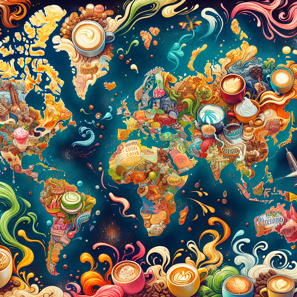 Create an image showcasing a vibrant and bustling world map, where each country is represented not by its borders, but by whimsical and detailed illustrations of various Macchiato variations unique to their culture. From the traditional Italian Macchiato with a dollop of foam, crossing over to an American version with caramel drizzle, venturing into a Middle Eastern twist with cardamom, and not forgetting an Asian infusion with matcha. Each variation is depicted above its respective region, connected by swirling steam trails that weave together, symbolizing the global journey and interconnectedness of the Macchiato. The map is alive with colors and textures that evoke the essence and flavor profiles of each variation, inviting viewers on a tantalizing visual tour of the Macchiato around the world.
