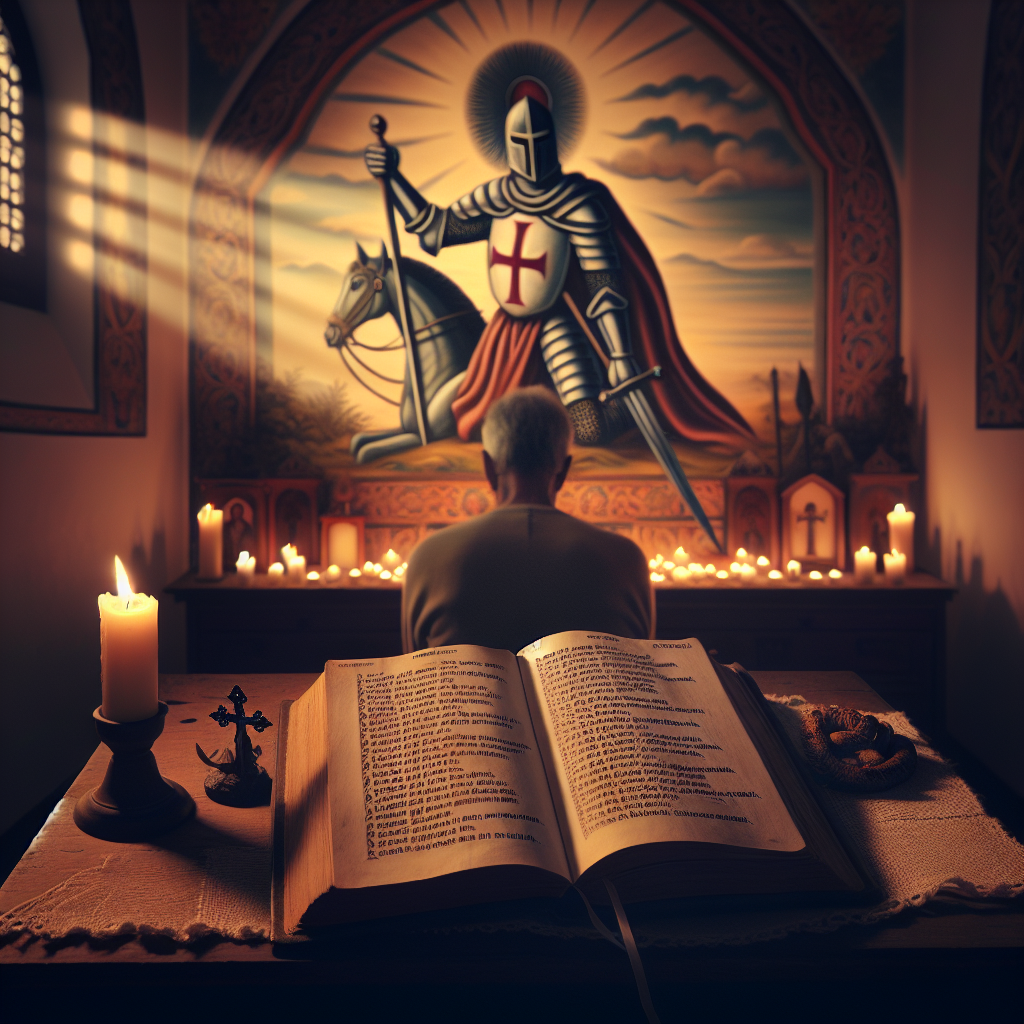 Visualize an image capturing the serene and focused ambiance of a dimly lit room, where a solitary figure kneels in devout prayer. In the foreground, a well-worn, open prayer book rests on a small wooden table, its pages inscribed with the powerful words of São Jorge's prayer. The soft glow of candles illuminates the scene, casting gentle shadows and creating an atmosphere of solemnity and reverence. Behind the praying individual, a striking wall mural of São Jorge, depicted as a valiant knight in armor, defeating a dragon with his lance, symbolizes the triumph of faith and courage over adversity. The room is adorned with simple, yet meaningful, religious symbols and icons, enhancing the spiritual journey of the prayer. This image encapsulates the essence of practicing the Oração de São Jorge with correct intention, focusing on the themes of protection, faith, and the solemn power of prayer in overcoming life's challenges.