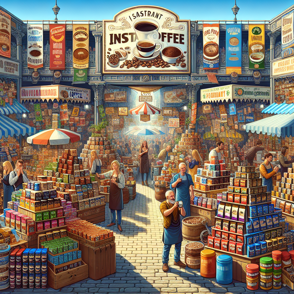 Create an image showcasing a vibrant, bustling market scene dedicated to instant coffee, featuring stalls and shops overflowing with a wide variety of instant coffee packets and jars. Each stall is distinct, highlighting different flavors and origins, from classic rich and dark roasts to exotic and flavored blends like vanilla, hazelnut, and caramel. Include happy customers sniffing and sampling these diverse coffee options, with the backdrop of the market adorned with colorful banners and signs that celebrate the world of instant coffee. The atmosphere should convey a sense of discovery and delight, emphasizing the rich diversity and innovation within the instant coffee market.