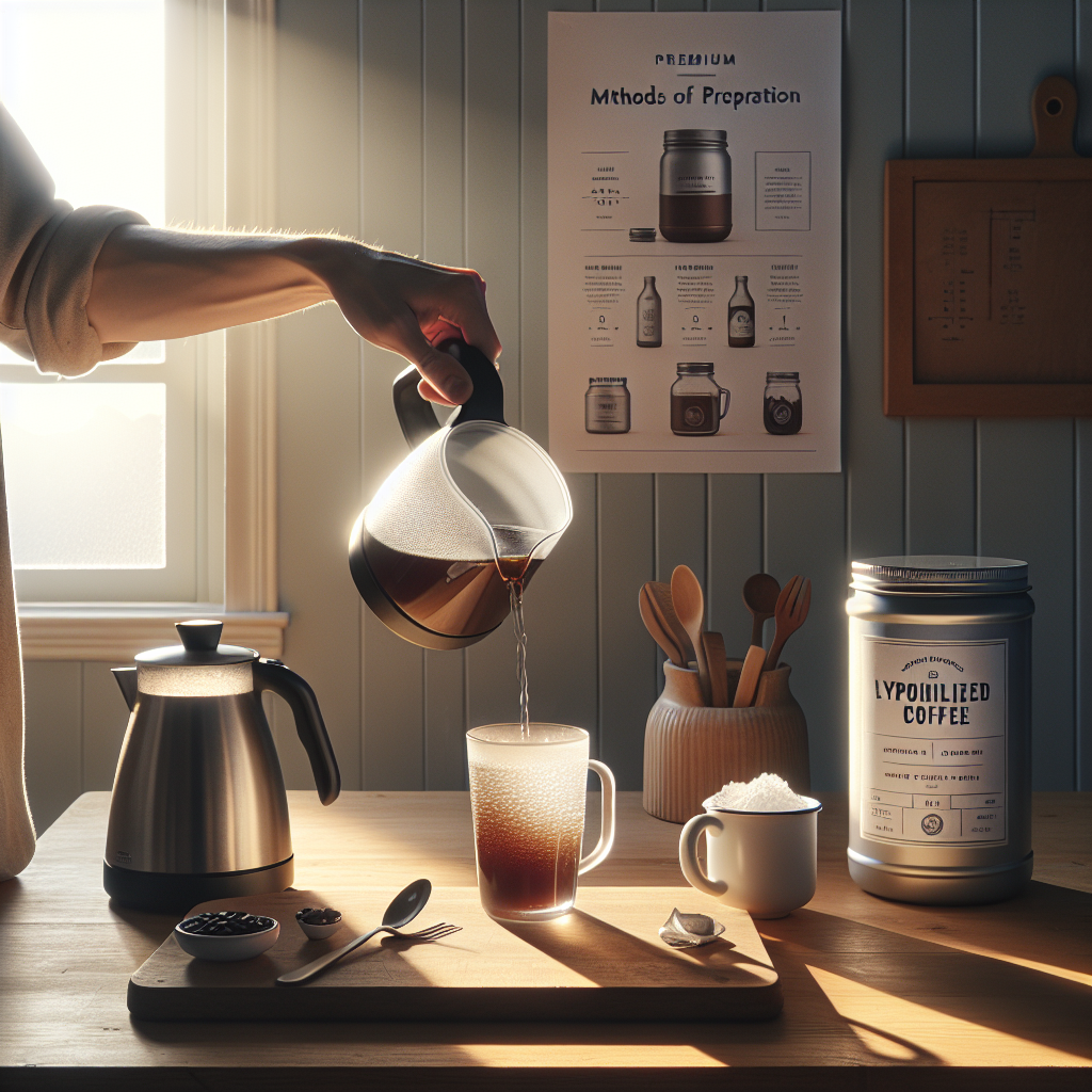 An image showcasing a person in a cozy kitchen setting, early in the morning with soft sunlight filtering through a window. They are in the process of preparing lyophilized (freeze-dried) coffee, demonstrating the best methods of preparation. The image captures a variety of tools and ingredients around them - a hot water kettle, a clean, clear mug, and a premium jar of lyophilized coffee open and ready to use. The person is seen pouring hot water into the mug with a perfect swirl, ensuring the coffee dissolves evenly, illustrating the simplicity and elegance of making a delicious cup of freeze-dried coffee. The background subtly features a simple, yet informative guide or chart pinned to the kitchen board, highlighting the steps of preparation, emphasizing the convenience and taste that comes with properly prepared lyophilized coffee.
