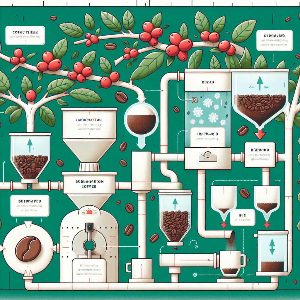 Visualize an educational and visually engaging infographic that illustrates the process of creating freeze-dried coffee. The image should start with ripe coffee cherries on lush green branches at the top, transitioning into the harvesting phase where beans are picked and washed. The next section should depict the extraction of coffee through brewing, followed by the freeze-drying process where coffee is frozen and then dried by removing the ice through sublimation in a vacuum, resulting in aromatic coffee crystals. Each step should be clearly labeled and accompanied by simple, descriptive icons or illustrations to guide the viewer through the journey from bean to freeze-dried coffee, emphasizing the transformation that occurs to preserve flavor and convenience in a cup.
