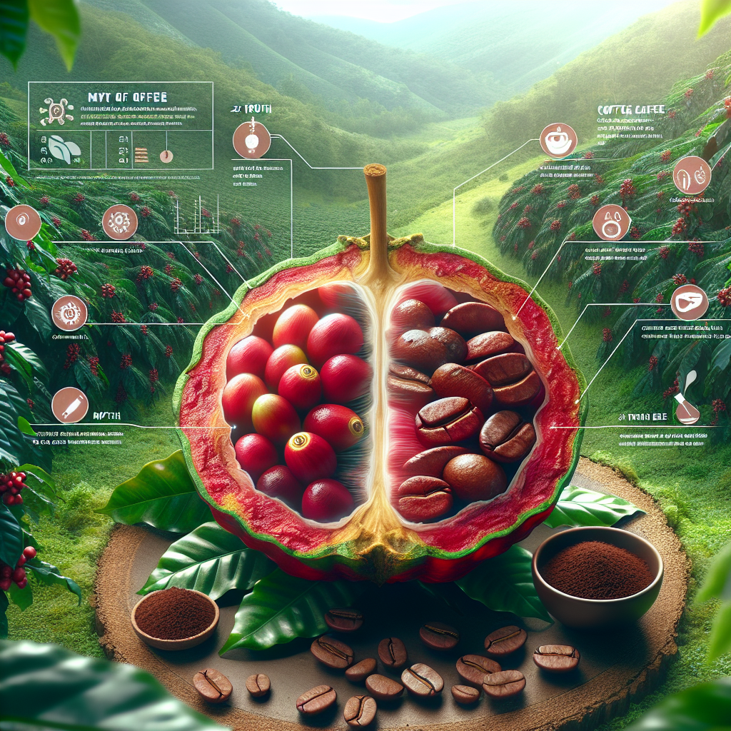Create an image that artfully explores the theme of coffee beans nestled within their natural fruit, the coffee cherry, to demystify the common misconceptions surrounding coffee. The visual should capture a cross-section of the ripe, red coffee cherry revealing the coffee beans inside, surrounded by lush coffee plants in a verdant landscape. Include infographics or annotations that distinguish between myth and truth regarding coffee's botanical classification, highlighting the journey from bean to beverage. This image serves to educate and intrigue, drawing a clear connection between the coffee we drink and its origins as a fruit.