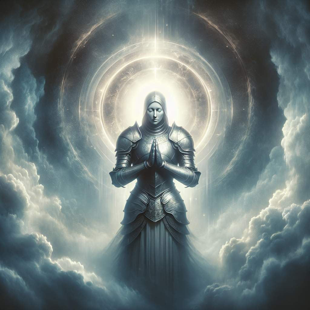 Create an image that portrays a serene figure of São Jorge, surrounded by a soft, ethereal glow, standing firm and composed amidst a stormy, tumultuous background. São Jorge, in full armor, should be depicted with his eyes closed in deep prayer, symbolizing strength and faith. Above him, a faint, divine light breaks through the dark clouds, illuminating him and casting a protective aura around him. This scene encapsulates the essence of how the Oração de São Jorge serves as a beacon of hope and a shield of protection during times of adversity, offering solace and fortitude to those who seek refuge in faith.