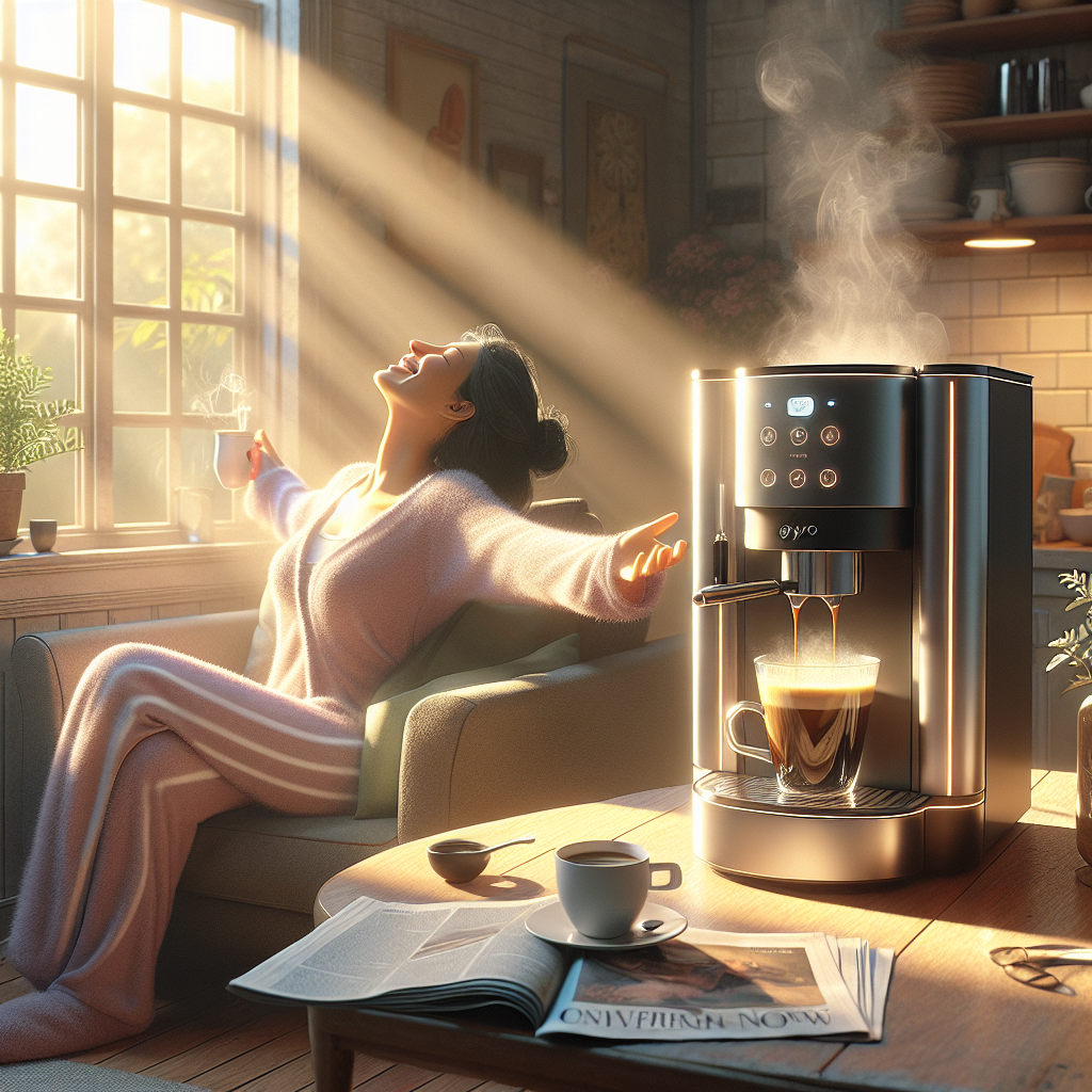Imagine an image capturing the essence of a serene morning routine transformed by the presence of a Máquina de Café 3 Corações. The scene is set in a sunlit, cozy kitchen corner, with warm rays filtering through a window, illuminating the sleek, modern design of the 3 Corações coffee machine on a countertop. In the foreground, a person in comfortable home attire stretches with a contented smile, eagerly anticipating their first sip of coffee. The machine is in the midst of brewing, with a vibrant stream of coffee smoothly filling a favorite mug, which emits a delicate swirl of steam. The surrounding space is adorned with subtle hints of a daily routine made more enjoyable by this machine: a fresh newspaper, a comfortable chair, and a peaceful plant. This image conveys the transformative power of the Máquina de Café 3 Corações in turning everyday coffee moments into a cherished ritual, enhancing the start of one’s day with ease, convenience, and a touch of luxury.