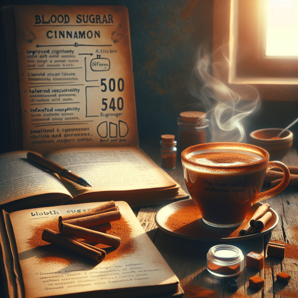 Visualize an inviting, warm-toned image that captures a cozy morning scene with a steaming, aromatic cup of coffee blended with cinnamon sticks resting on a rustic wooden table. The background softly blurs, emphasizing the cup and a sprinkle of cinnamon powder artistically dusting its surface. Beside the cup, a small, open journal displays handwritten notes about the benefits of cinnamon in blood sugar regulation, alongside a simple, elegant infographic that highlights the key points: improved insulin sensitivity, lowered blood sugar levels, and the overall health benefits. The early morning sunlight filters through a nearby window, casting a gentle glow and creating a serene ambiance that invites viewers to ponder the healthful fusion of coffee and cinnamon.