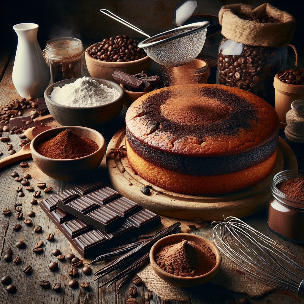 Visualize an image that captures the essence of enhancing the flavors of a coffee and chocolate cake recipe. The image should feature a rustic kitchen setting with natural lighting, highlighting a freshly baked, moist coffee and chocolate cake sitting on a wooden table. Surrounding the cake are key ingredients and tools that suggest professional baking tips: a bag of high-quality, aromatic coffee beans, a bar of dark chocolate partially chopped, a small bowl of cocoa powder, and a bottle of vanilla extract. A fine mesh sieve dusting cocoa on top of the cake, and a whisk and mixing bowls are subtly placed in the background, suggesting the importance of technique in achieving the perfect cake texture. This scene not only showcases the ingredients for enhancing flavor but also hints at a warm, inviting atmosphere where baking is an art form and taste adventure.