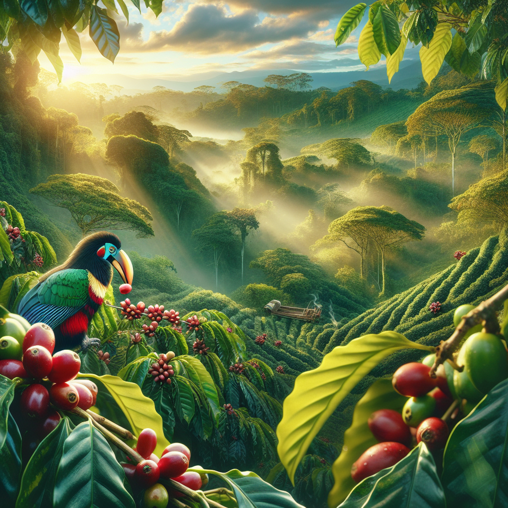 Visualize a lush, vibrant coffee plantation nestled in the heart of Brazil, where the rare Jacu bird, with its distinctive plumage, is seen meandering through the rows of coffee trees. The image captures a serene moment in the early morning, as the golden sun rays peek through the dense canopy, illuminating the rich, green leaves and the red coffee cherries. In the foreground, a Jacu bird is depicted in the act of selecting and eating the ripest cherries, a natural yet exclusive process that contributes to the unique origin of Jacu coffee. This picturesque scene symbolizes the symbiotic relationship between the wildlife and the coffee cultivation, highlighting the natural and exclusive origins of the Jacu coffee in Brazil.