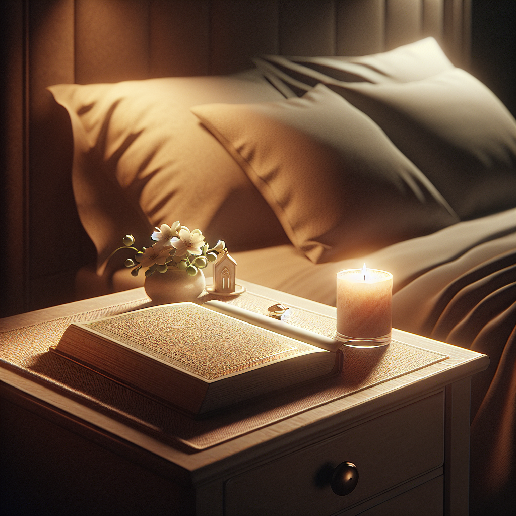 Create an image of a dimly lit bedroom, exuding a sense of tranquility and peace, with soft, warm lighting that casts gentle shadows. In the foreground, a small, neatly arranged bedside table features a few simple items that suggest preparation for night prayer: a well-loved, slightly open prayer book or journal, a small, flickering candle casting a soft glow, and perhaps a delicate flower or a small, serene figurine that symbolizes peace or spirituality. The background should include a comfortable bed with inviting, plush bedding, poised to embrace the individual after their prayer. This scene should encapsulate the intimate, quiet moment of starting a night prayer routine, evoking feelings of calmness, readiness for rest, and a personal connection with one's spirituality as the final act before sleep.