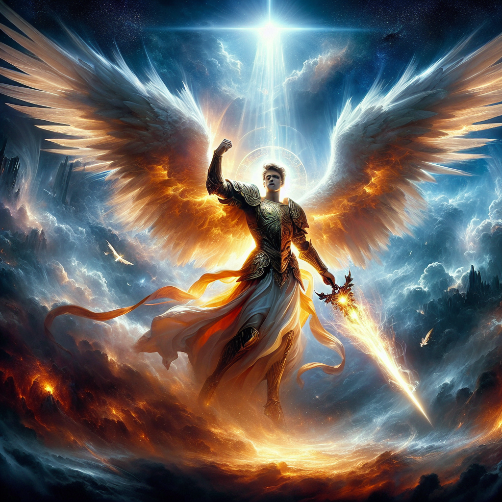 Visualize a dramatic and powerful scene where the Archangel Michael stands at the forefront of a celestial battlefield, his luminous wings spread wide and his armor shining with divine light. In one hand, he wields a fiery sword raised high, casting a glow that pierces through darkness, symbolizing the triumph of light over evil. Around him, an ethereal mist swirls, representing the unseen spiritual battle between celestial beings and malevolent forces. The background is a dynamic and tumultuous sky, alternating between dark, stormy clouds and rays of heavenly light breaking through, embodying the constant struggle and eventual victory of good over evil. This image serves as a vivid embodiment of the power and protection invoked through the prayer of São Miguel Arcanjo, highlighting its significance in the spiritual warfare believers navigate daily.