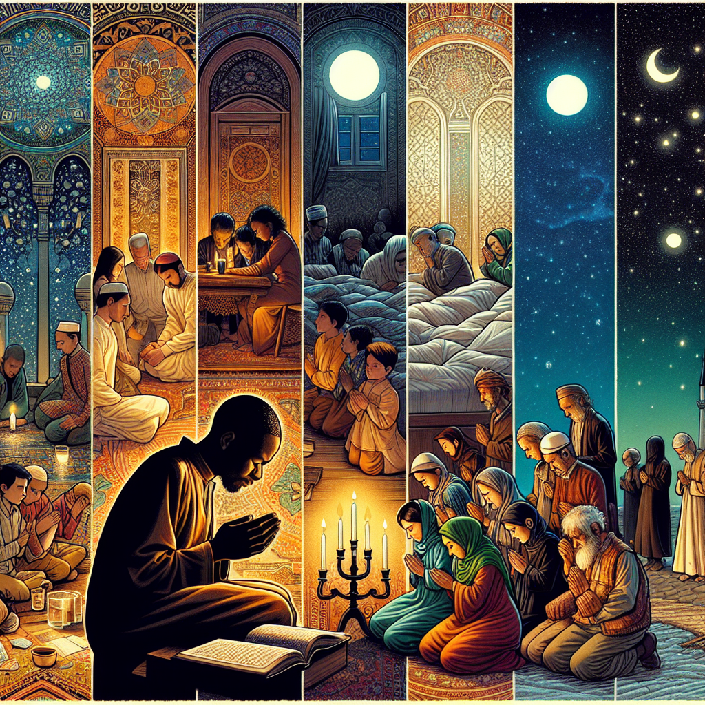 Imagine an illustration that beautifully captures the essence of nighttime prayer traditions from around the world. The scene is divided into harmonious segments, each representing a different culture's unique approach to nighttime prayers. One section shows a family gathered around a candlelit table, hands clasped tightly as they recite prayers in unison, symbolizing the warmth and unity found in shared religious practices. Another segment displays a solitary figure kneeling beside a bed, a single lamp casting a soft glow over a worn prayer book, highlighting the personal, introspective nature of prayer. In another part, a group of individuals stands under the expansive night sky, their faces uplifted towards the stars, illustrating the connection between prayer and the divine cosmos. Each segment is intricately detailed, showcasing traditional attire, religious symbols, and natural landscapes, creating a tapestry of the rich diversity and commonalities in nighttime prayer practices across the globe.