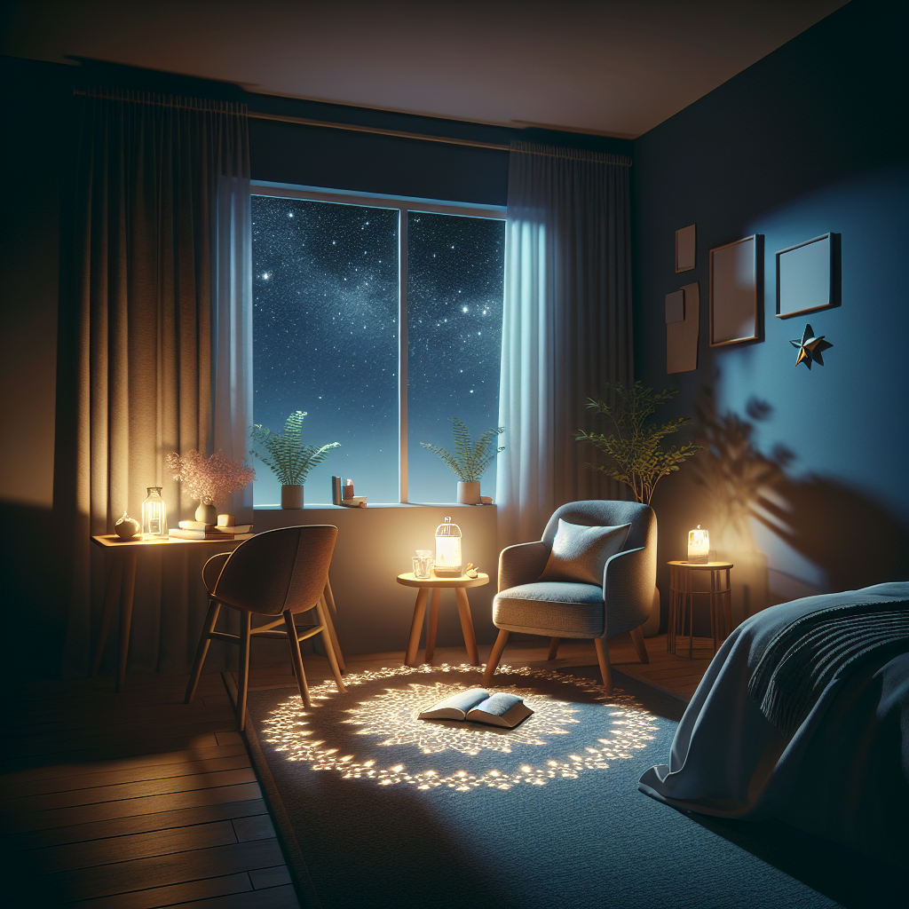 Create an image that combines the serene ambiance of nighttime with the therapeutic essence of prayer, focusing on mental health benefits. The setting should depict a peaceful bedroom with minimalistic decor, emphasizing tranquility and comfort. In this room, incorporate a small, softly lit prayer corner or space, featuring perhaps a comfortable chair, a small table with a religious book or scripture, and a dim lamp casting a warm glow. The window should reveal a night sky peppered with stars, suggesting a connection to something greater beyond the immediate environment. Add a subtle visual representation of calmness and mental well-being, such as a gentle aura around the prayer space or visual cues like calming colors and soothing textures that evoke a sense of peace and mental healing. This composition should visually narrate the story of how night prayer acts as a bridge to improved mental health, offering a sanctuary for reflection, solace, and the rejuvenation of the mind.