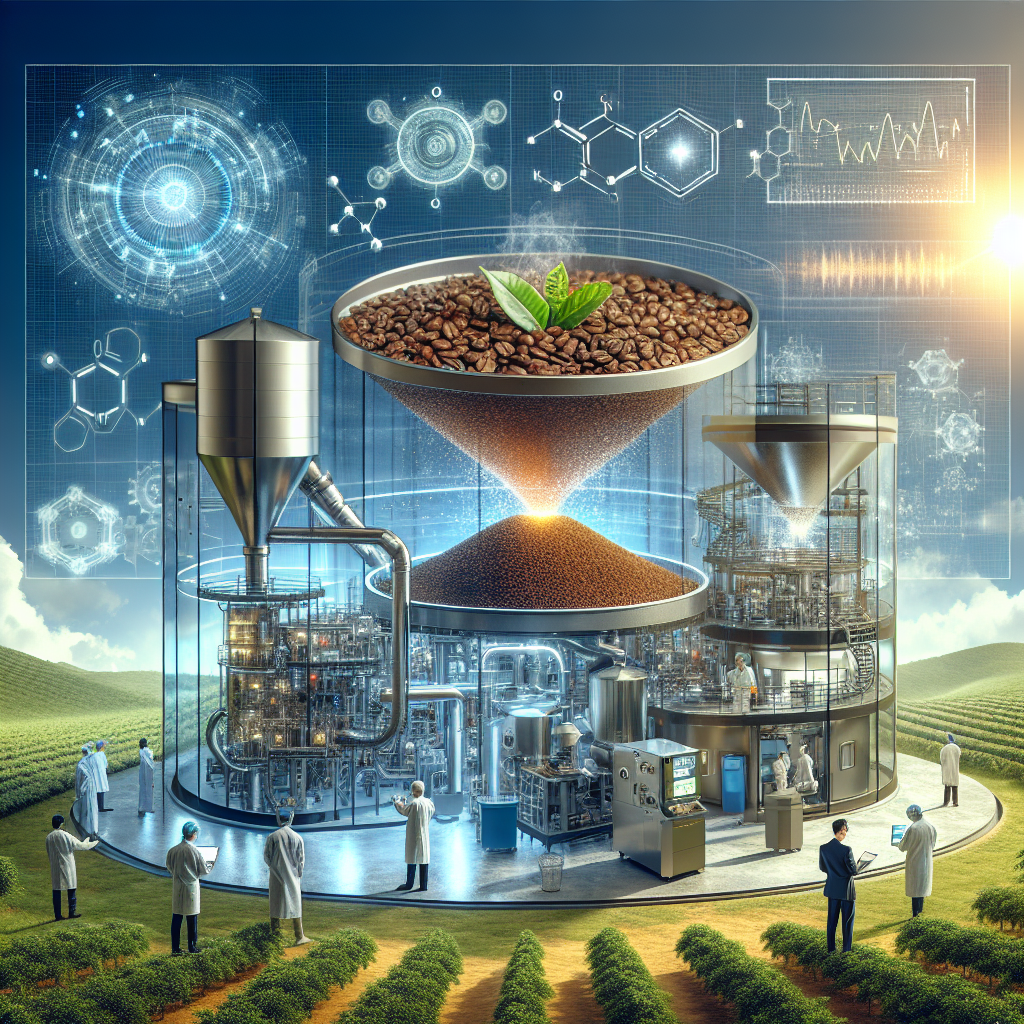 Imagine an image that illustrates the cutting-edge technology behind instant coffee production. The focal point is a sleek, modern facility with transparent walls, revealing the intricate machinery and innovative processes involved. Inside, scientists and engineers are meticulously overseeing the transformation of fresh coffee beans into finely ground particles. The next section of the image showcases the advanced freeze-drying technology, capturing the moment when coffee extract is frozen before being broken into granules, preserving the rich aroma and flavor. Above this scene, a digital screen displays complex chemical formulas and graphs, symbolizing the continuous research and development in enhancing instant coffee's quality. The background is dotted with fields of coffee plants under a bright sun, linking the high-tech process back to its natural origins.