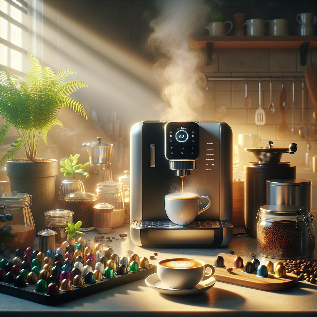 Create an image that captures a cozy and inviting kitchen setting in the early morning, with soft sunlight filtering through a window. In the center, a sleek 3 Corações coffee machine sits prominently on the counter, surrounded by an array of coffee capsules in various colors and flavors. A cup of freshly brewed coffee with a perfect crema on top is placed next to the machine, with steam gently rising, suggesting warmth and aroma. Include subtle details such as a small, vibrant plant and a few coffee-related accessories like a grinder or coffee beans in a jar, emphasizing a personalized and enjoyable coffee-making experience. The atmosphere should evoke a sense of tranquility and anticipation for the first sip, inviting viewers to imagine maximizing their own experience with a 3 Corações coffee machine.