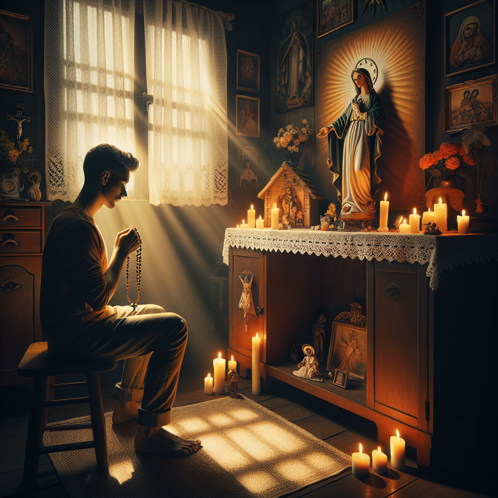 Create an image that captures the essence of integrating the prayer of São Jorge (Saint George) into daily routine for protection and faith. The visual should feature a serene yet powerful tableau with a figure in a contemplative pose, possibly holding a rosary or a small statue of São Jorge. The background should suggest a home environment, incorporating elements like a small altar or dedicated space with candles, flowers, and icons of São Jorge, embodying a sense of tranquility and spiritual protection. The lighting should be warm and inviting, highlighting the contrast between the peaceful interior and the chaotic world outside, symbolizing the refuge and strength found in daily prayer and faith.