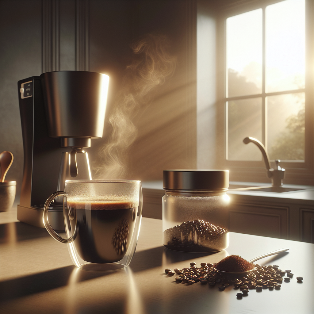 Visualize a cozy, modern kitchen at sunrise, with soft, golden light spilling through the window. On the counter, there's a sleek, clear glass mug filled with steaming, freshly rehydrated freeze-dried coffee, capturing the essence of convenience without sacrificing the rich aroma and deep, inviting color of traditional brewed coffee. In the background, an open jar of freeze-dried coffee granules sits next to a simple, elegant coffee maker, emphasizing the minimal effort required. The scene subtly showcases the practicality of freeze-dried coffee, ready in moments, perfect for a fast-paced lifestyle, yet still offering the full, satisfying experience of your morning ritual, with the promise of exceptional taste and aroma.