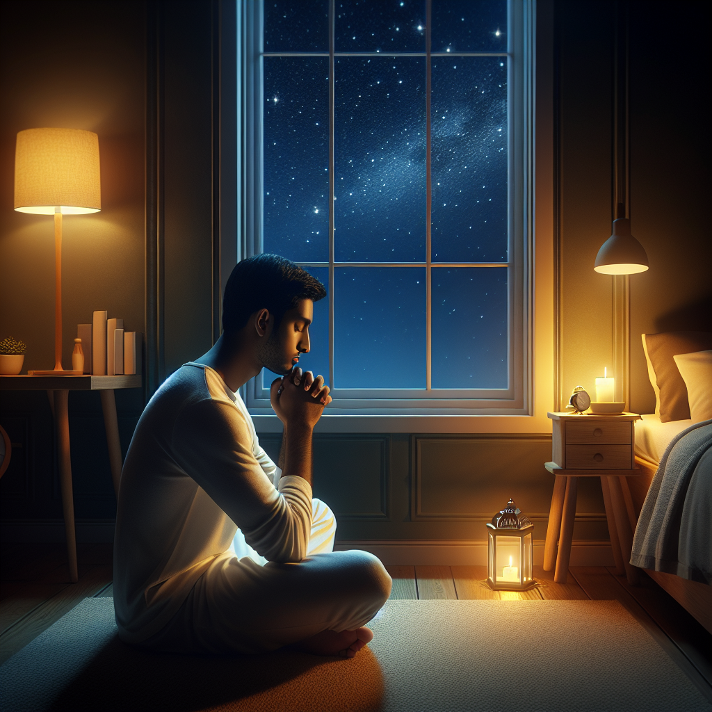 Imagine an image that captures the serene beauty of the night, featuring a softly lit bedroom with a person sitting comfortably by their bedside, their hands gently clasped together and eyes closed in peaceful contemplation. The room exudes calmness, with minimalistic decor and a warm, inviting ambiance, perhaps accentuated by a small, glowing candle or a dim bedside lamp. Outside the window, the tranquil night sky is adorned with stars, symbolizing the connection between the individual and the universe through prayer. This scene should convey a sense of tranquility and readiness for rest, highlighting the practice of integrating night prayer into one's nightly routine as a pathway to improved sleep and overall life quality.