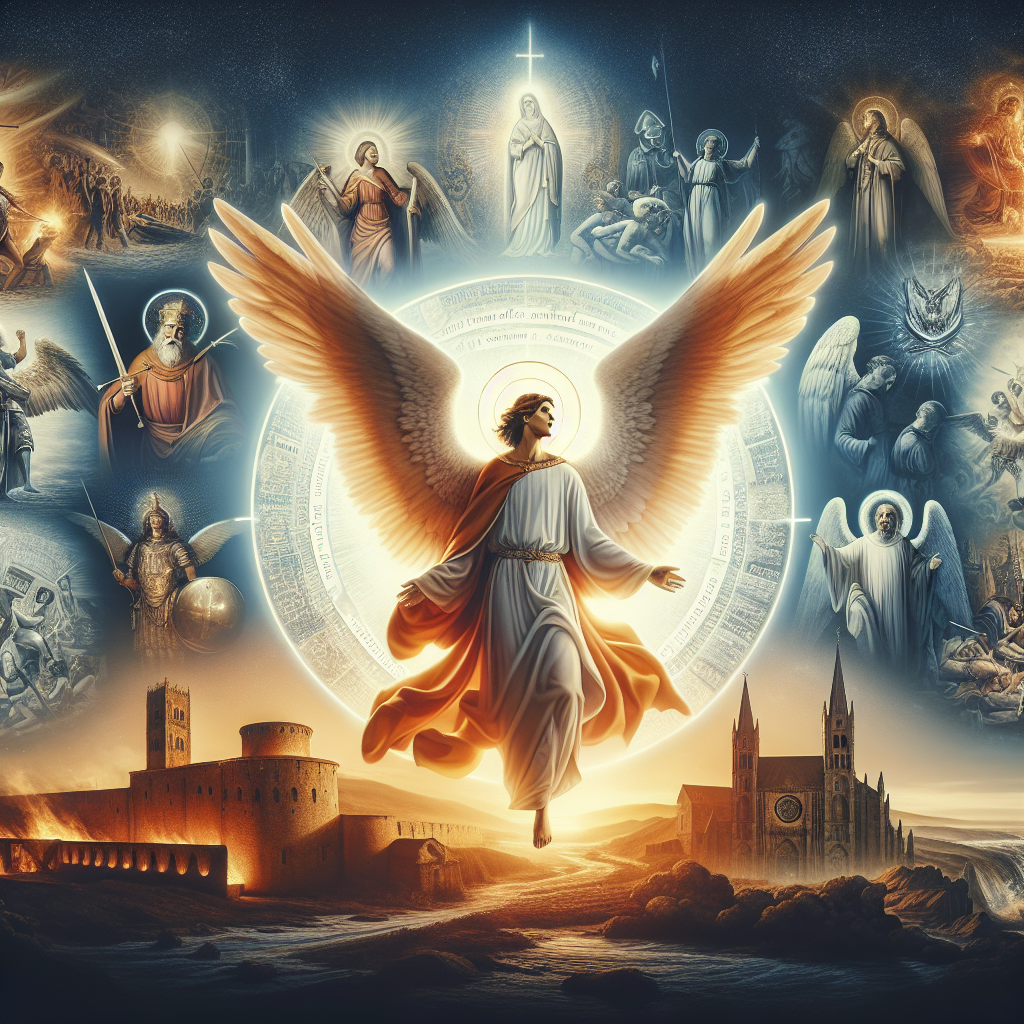 Illustrate an ancient, mystical atmosphere where the Archangel Michael stands majestically at the forefront, his wings spread wide and a radiant light surrounding him. Behind him, a historic panorama unfolds showcasing key moments that led to the creation of the prayer dedicated to him. This includes scenes of early Christian communities, a glimpse of Pope Leo XIII in a moment of divine inspiration, and symbolic representations of the spiritual battle between good and evil. The image should convey a sense of timeless protection and the profound impact of Saint Michael’s prayer throughout history, embodying a blend of divine intervention and human faith.