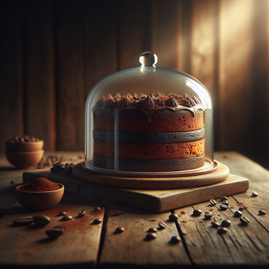 Visualize a rustic, wooden kitchen shelf bathed in soft, natural light, where a freshly baked coffee and chocolate cake sits inside an airtight, transparent cake dome. The texture of the cake is visibly moist and rich, hinting at its freshness. Around the cake, small, scattered coffee beans and chocolate shavings subtly suggest its flavors. The background softly blurs into warmth, focusing attention on the cake's preserved freshness, encapsulating the essence of ideal conservation for maintaining its irresistible appeal.