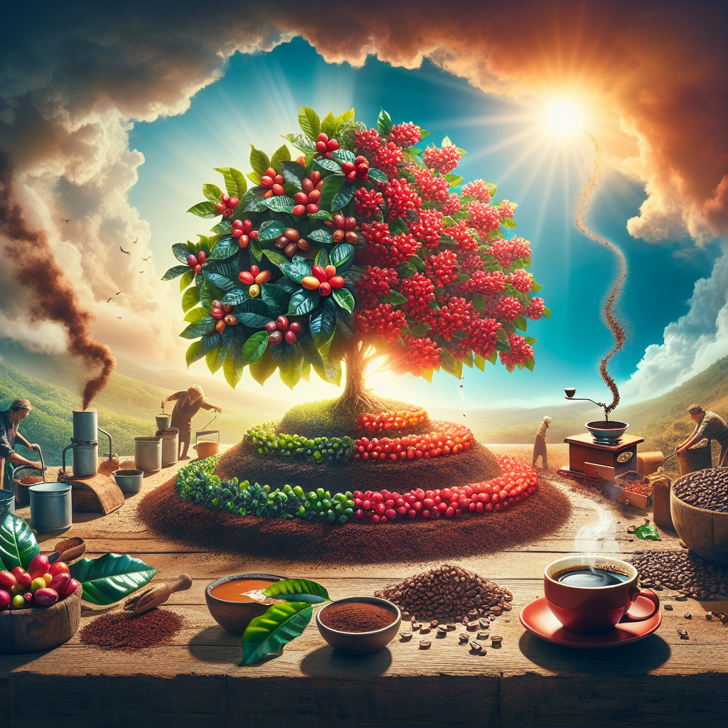 Create an image that visually narrates the journey of coffee from its origins as a fruit to its final form in a cup. The scene should start with a lush coffee plant adorned with vibrant red coffee cherries under a bright, sunlit sky, emphasizing the natural, fruit-bearing aspect of coffee. Transition smoothly to the middle of the image, where the cherries are being harvested, processed, and dried, showcasing the transformation process. End the scene with a steaming cup of coffee, surrounded by roasted beans, on a rustic table, capturing the essence of the coffee's final transformation. The entire image should be rich in color and detail, highlighting the beauty and complexity of coffee's journey from a simple fruit to a beloved beverage.