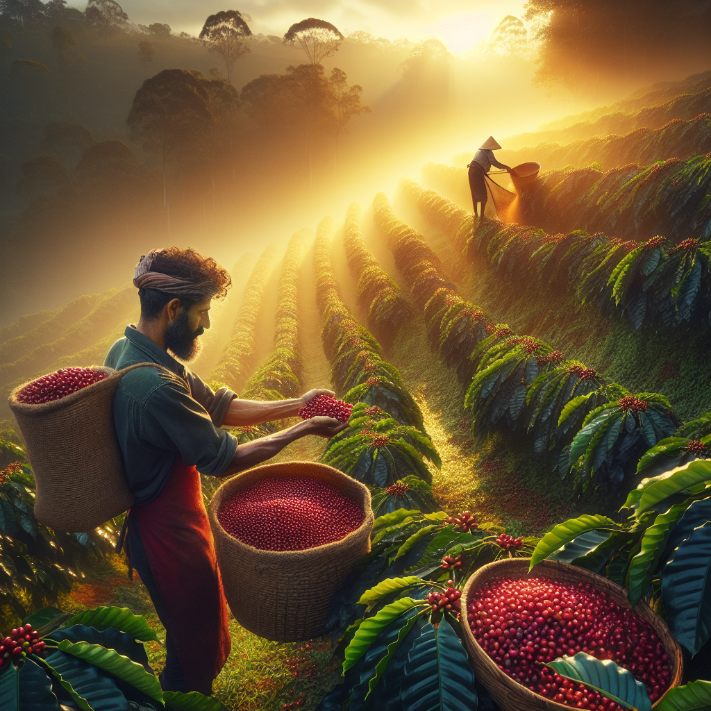 Visualize an expansive coffee plantation at sunrise, with rows of lush coffee plants laden with bright red coffee cherries under a soft, golden morning light. In the foreground, a skilled farmer gently handpicks the ripe cherries with care, placing them into a woven basket slung across their shoulder. The image captures the essence of the meticulous and traditional harvesting process, showcasing the vibrant contrast between the red cherries and the green foliage, with a backdrop that hints at the vast scale of coffee cultivation. This scene encapsulates the dedication and labor that goes into cultivating and harvesting coffee, revealing the initial steps of how this beloved beverage begins its journey from plant to cup.