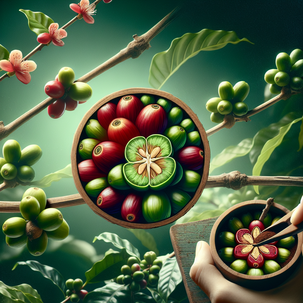 Create an image that depicts a coffee tree in full bloom, with a clear emphasis on the cherries turning from green to a deep, ripe red. The image should capture a close-up of the branches, showcasing both the flowers and the clusters of coffee cherries at various stages of ripeness. Include a cross-section of a coffee cherry in the foreground, revealing the coffee beans inside, to highlight the fruit aspect of coffee. The background should subtly hint at a lush, tropical environment, suggesting the plant's origin and natural habitat. This visual should convey the message that coffee, indeed, comes from a fruit.