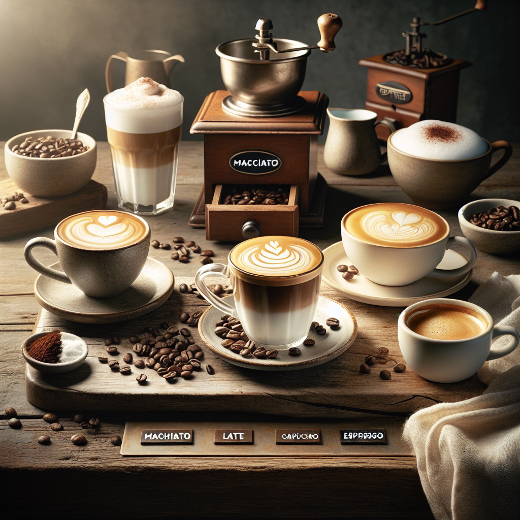 Create an image that visually contrasts a Macchiato with other popular coffee beverages such as a latte, cappuccino, and espresso. The scene is set in a cozy, well-lit coffee shop with a rustic wooden counter. On the counter, arrange four elegant cups, each containing a different coffee drink, clearly labeled: Macchiato, Latte, Cappuccino, and Espresso. The Macchiato, with its distinct layer of milk foam dotting the espresso, stands out in the center. Surrounding it, the Latte shows a larger volume with a smooth blend of milk and coffee, the Cappuccino is more frothy, and the Espresso is in its pure, concentrated form in a small cup. Accessories like a coffee grinder, beans, and a milk pitcher subtly fill the background, enhancing the coffee-making ambiance. The image should capture the essence of each coffee’s unique identity and the subtle artistry that differentiates them, with a particular focus on highlighting the characteristics that set the Macchiato apart.