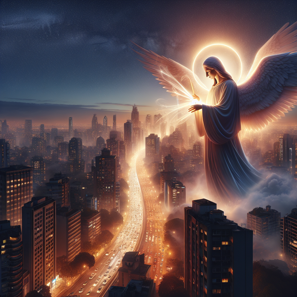 Create an image that captures the serene yet powerful essence of São Miguel Arcanjo's prayer impacting modern life. The visual should depict a bustling cityscape at twilight, symbolizing the chaos and beauty of contemporary life, with the calming, protective figure of São Miguel Arcanjo towering above, his wings spread wide. In one hand, he holds a flaming sword, casting a gentle glow that illuminates the scene below, symbolizing guidance and protection. Around him, soft, ethereal light filters through the buildings, representing the peace and security that the prayer brings into the lives of those in the modern world. This contrast between the urban environment and the celestial calm encapsulates the benefits of the prayer in offering protection and peace amidst the challenges of daily life.