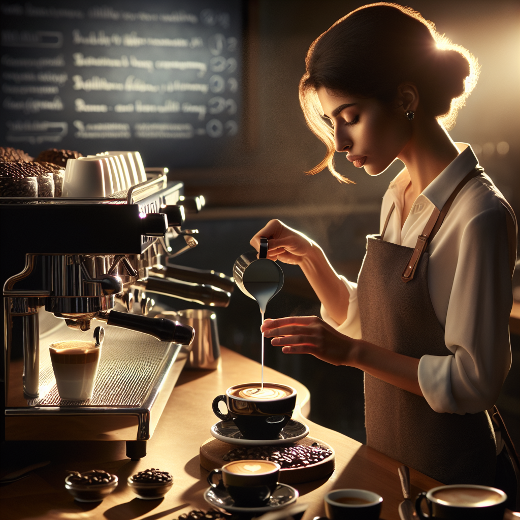Visualize an elegant, sunlit café setting where a skilled barista, with a focus and precision that borders on artistry, is in the midst of crafting the perfect macchiato. The image captures a moment of serene concentration as the barista expertly pours steamed milk with a steady hand into a freshly brewed espresso, creating the distinctive dot—a hallmark of the macchiato. Surrounding the barista is an array of professional coffee-making equipment, including a high-end espresso machine, a steaming pitcher, freshly ground coffee beans, and an assortment of cups. The rich, dark color of the espresso contrasts beautifully with the creamy white of the milk, inviting the viewer to appreciate not just the final drink but the meticulous process and techniques involved in achieving the perfect balance of flavors. In the background, a chalkboard lists tips for making a great macchiato, hinting at the depth of knowledge and passion that goes into every cup.