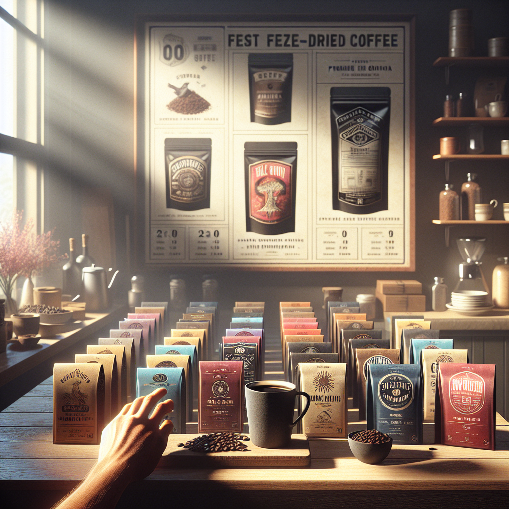 Visualize a bustling, cozy kitchen setting with an array of freeze-dried coffee brands neatly lined up on a wooden countertop, bathed in the warm morning light filtering through a nearby window. Each package is distinct, showcasing a variety of origins and roast levels, with labels that emphasize quality, such as "100% Arabica" and "Single Origin". In the center, a hand reaches for a sleek, prominently displayed package labeled "Premium Freeze-Dried Coffee", indicating a choice made after careful consideration. Behind, a clear guide hangs on the wall, featuring tips on selecting the best freeze-dried coffee, including checking for origin, processing method, and taste profile. This scene encapsulates the thoughtful process of choosing the best freeze-dried coffee, combining both the aesthetic appeal of the products and the informed decision-making of the consumer.