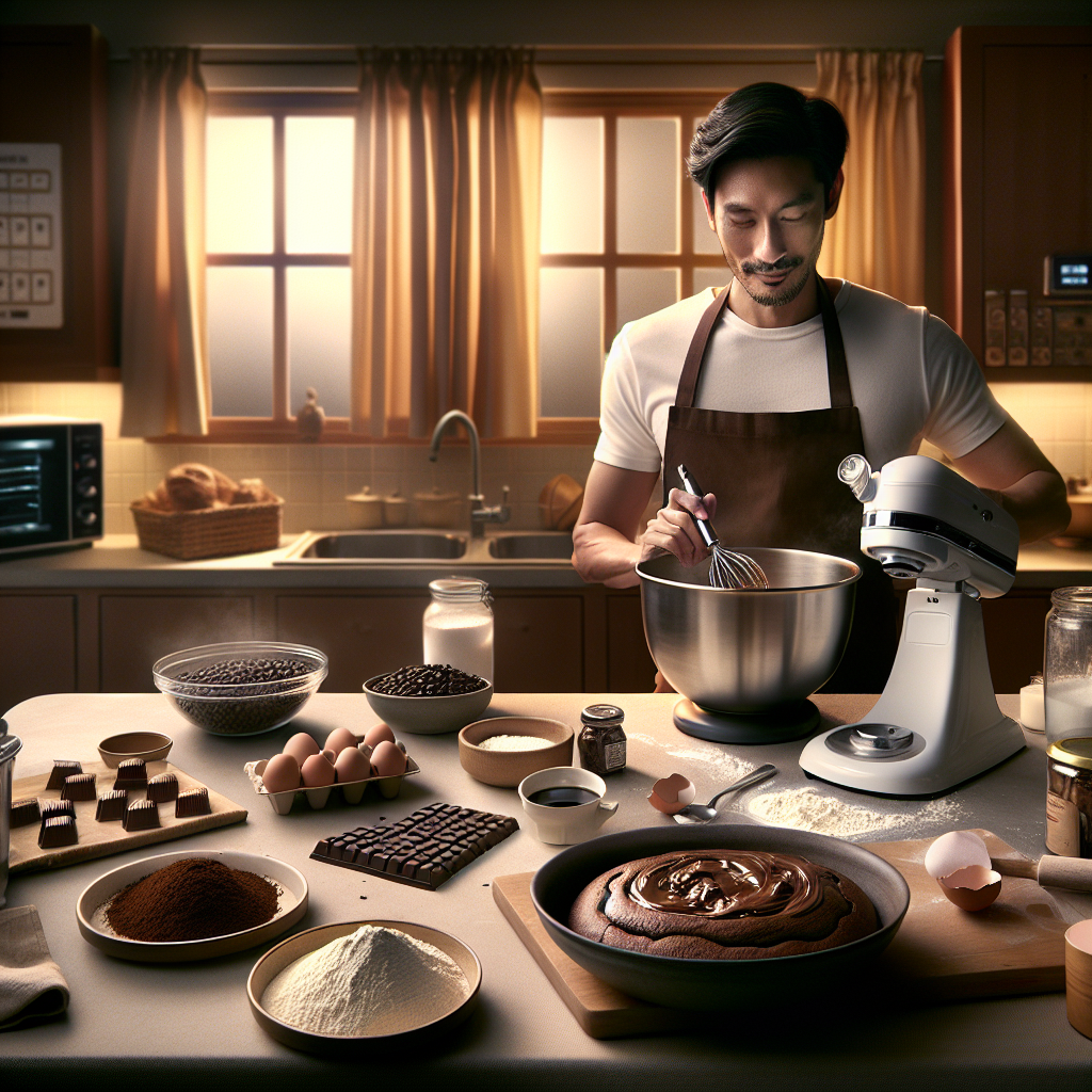 Visualize an inviting, warmly lit kitchen scene where a baker, with a look of focused joy, is in the midst of preparing a mouth-watering Bolo de Café e Chocolate. The countertop is neatly laid out with all the necessary ingredients: a bowl of rich, dark chocolate chunks, another with freshly ground coffee beans, and various containers holding flour, sugar, and eggs. In the center of this culinary tableau, a mixer whirs softly, blending the ingredients into a smooth, fragrant batter. To one side, a pre-heated oven awaits, its door slightly ajar, ready to transform the mixture into a delectable treat. This image encapsulates the passion and precision that goes into creating this irresistible dessert, inviting viewers to step into the shoes of the baker and experience the joy of baking firsthand.