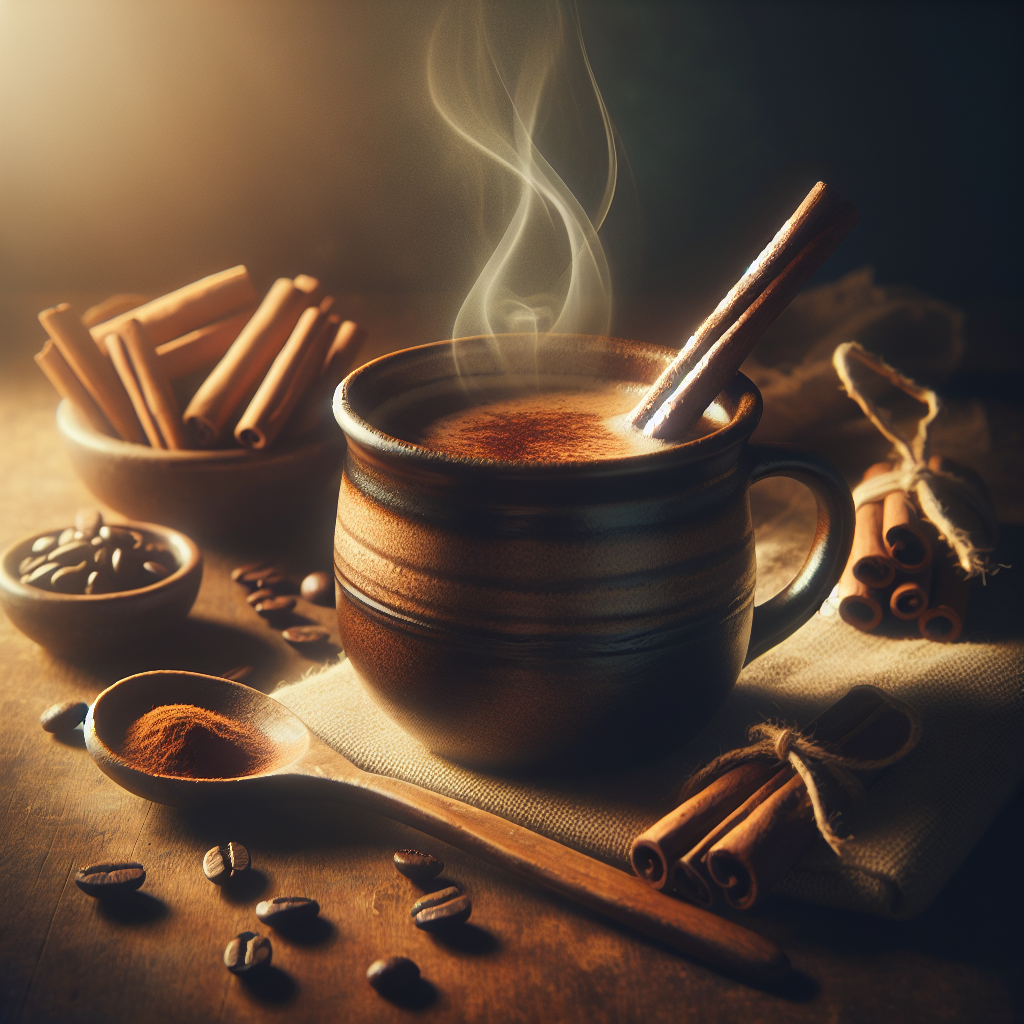 Visualize an inviting, warm-toned image that captures the essence of a cozy morning. Center stage is a beautifully crafted, steaming mug of café com canela, with cinnamon sticks and coffee beans artfully scattered around it. The background softly blurs, highlighting the mug and its contents. On the side, a small, rustic wooden spoon rests, suggesting the act of mixing the cinnamon into the coffee. The atmosphere evokes a sense of comfort and warmth, inviting viewers to imagine themselves savoring this aromatic and flavorful blend. This image perfectly embodies the section "Café com Canela: Dicas para Apreciadores," portraying not just the drink but the experience of enjoying it, emphasizing the sensory delights of aroma, taste, and the ritual of preparation.